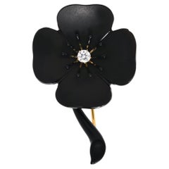 Victorian Onyx Diamond 14 Karat Gold Mourning Flower Brooch