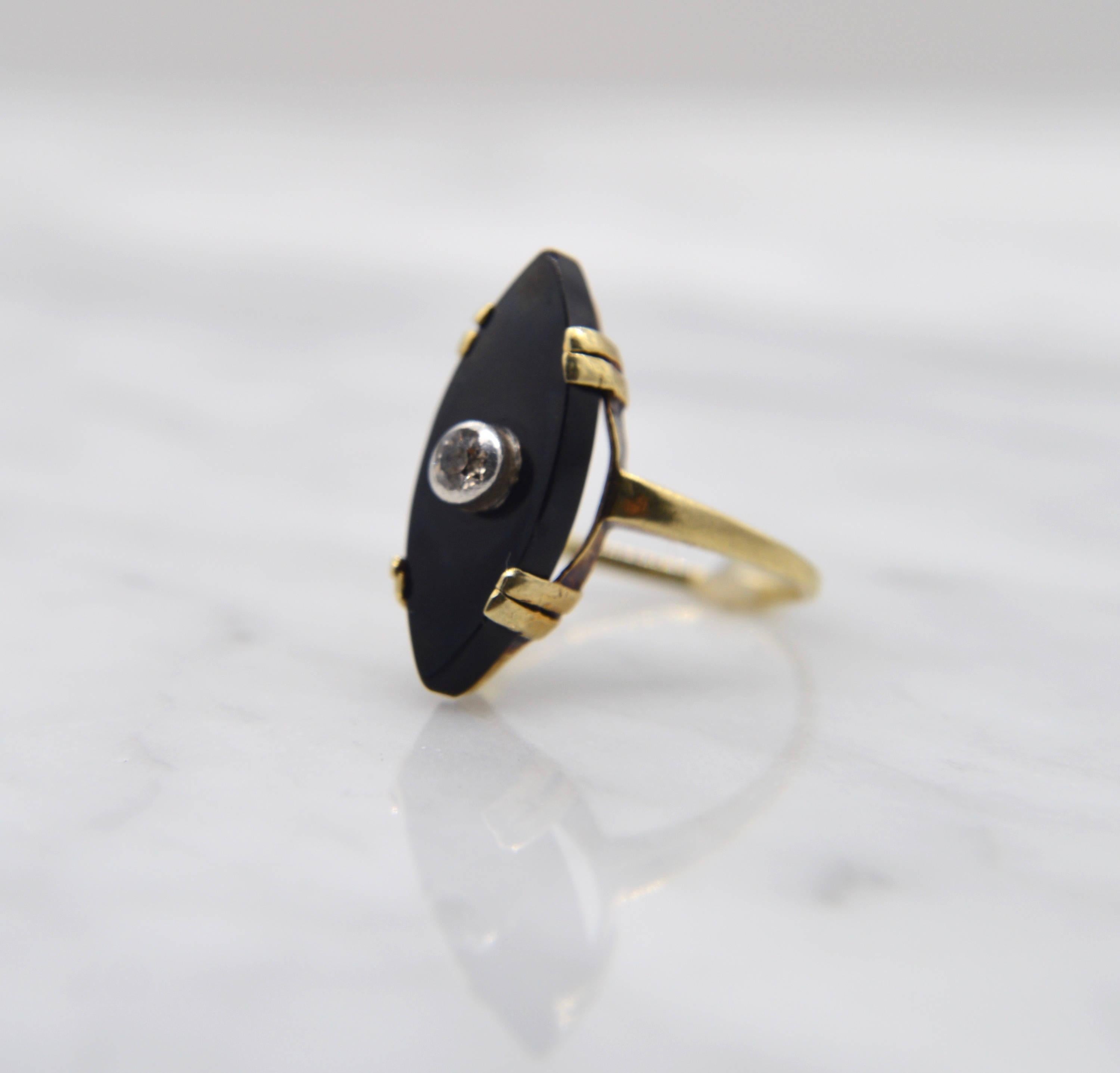 Victorian Onyx Diamond 14 Karat Gold Navette Old European Cut Cocktail Ring In Good Condition For Sale In Crownsville, MD