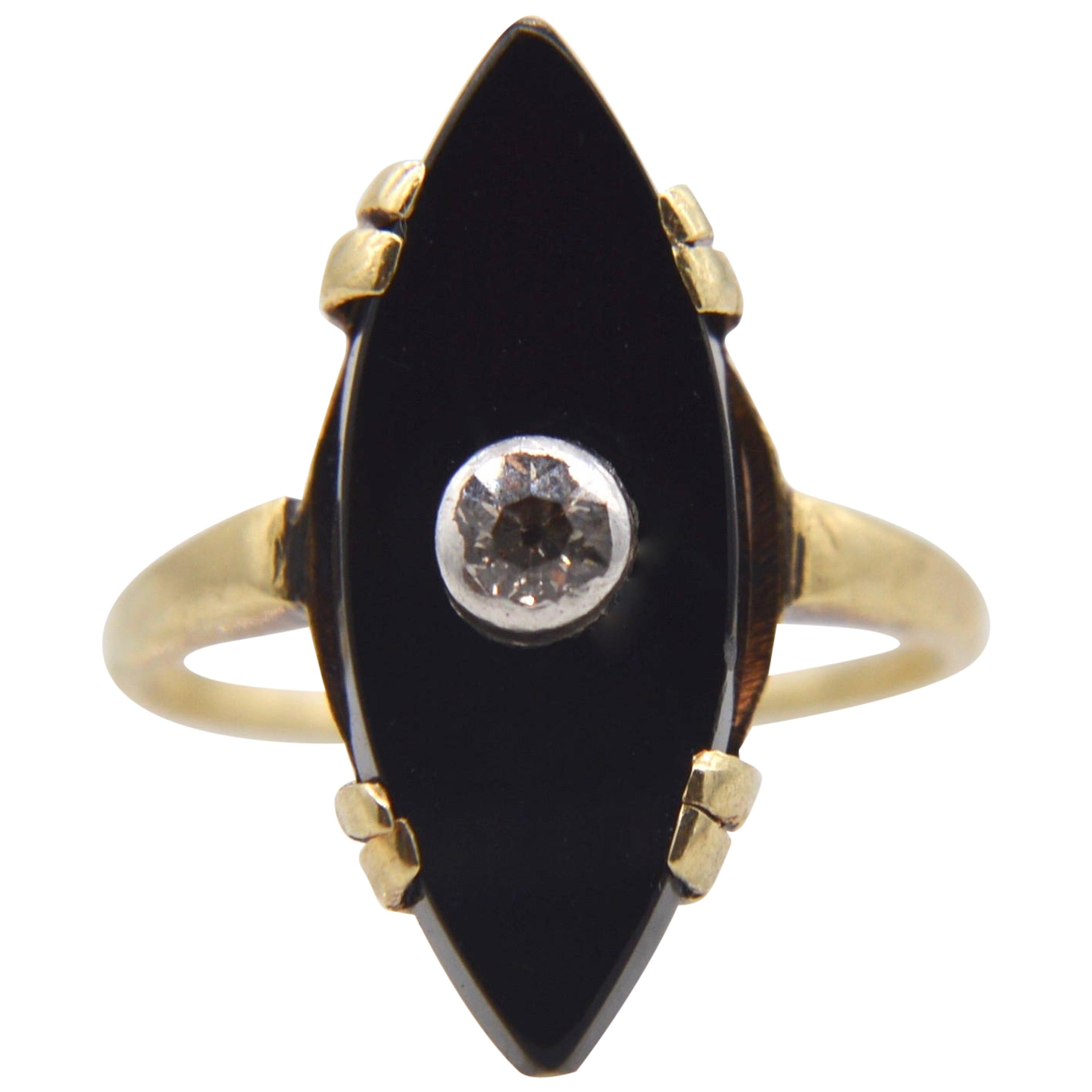 Victorian Onyx Diamond 14 Karat Gold Navette Old European Cut Cocktail Ring For Sale