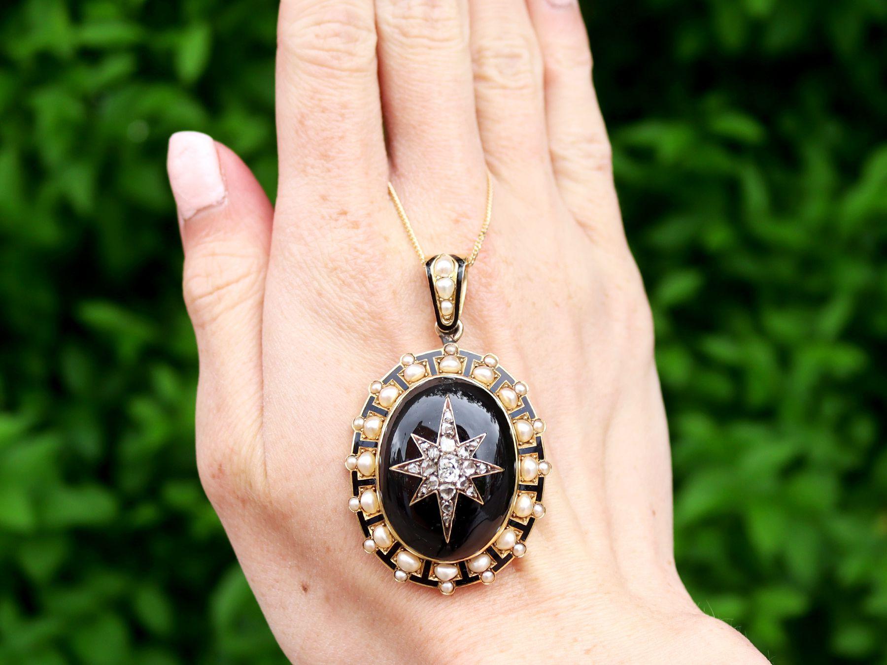 A stunning, fine and impressive antique onyx, pearl, 0.98 carat diamond and enamel, 18 karat yellow gold pendant; part of our diverse Victorian gemstone jewelry and estate jewelry collections

This stunning antique pendant has been crafted in 18k