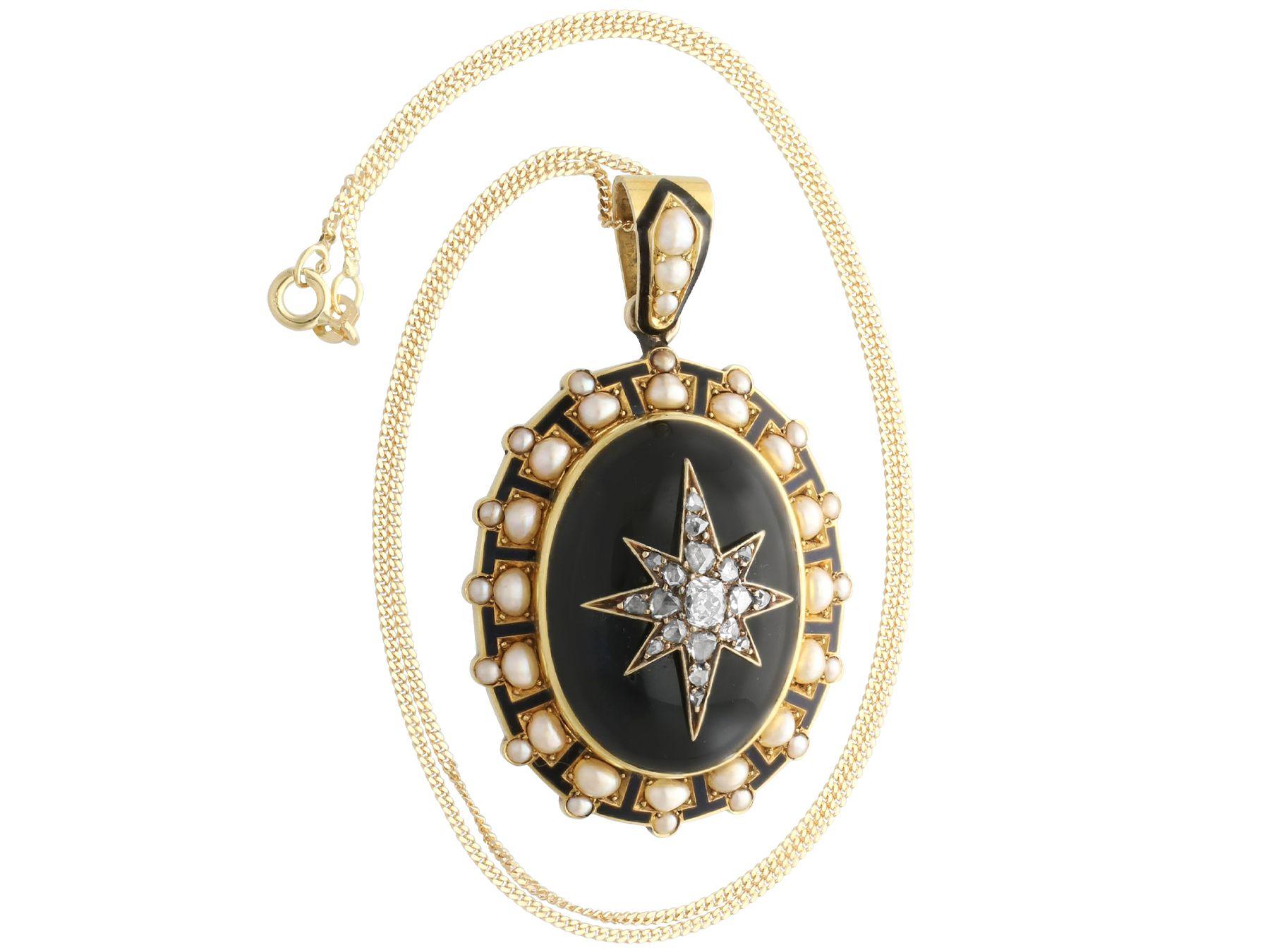 Old European Cut Antique Victorian Onyx, Diamond, Pearl and Enamel Yellow Gold Locket For Sale