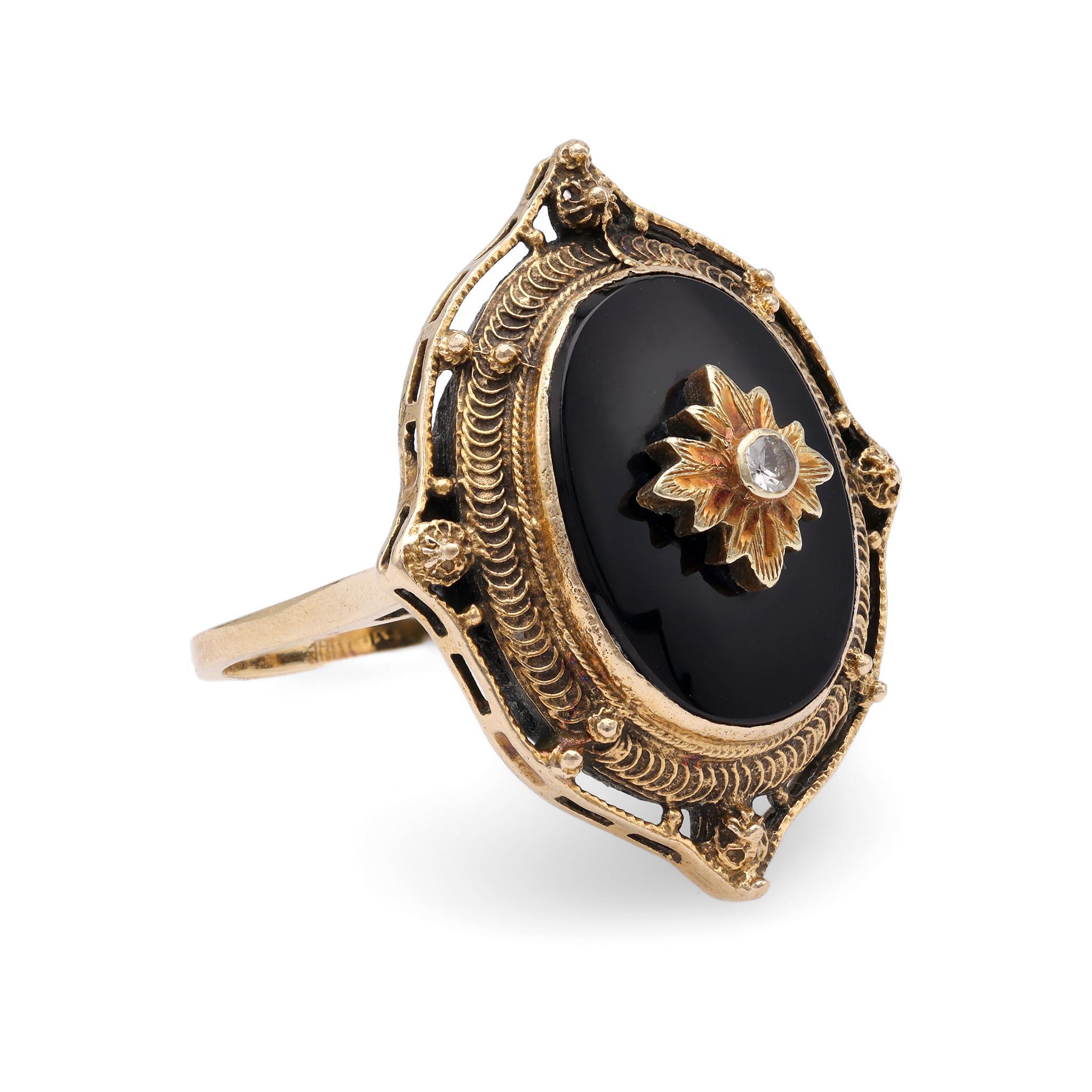 Old European Cut Victorian Onyx Diamond Yellow Gold Ring