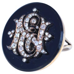 Victorian Diamonds E N Initials Onyx Ring, 1890