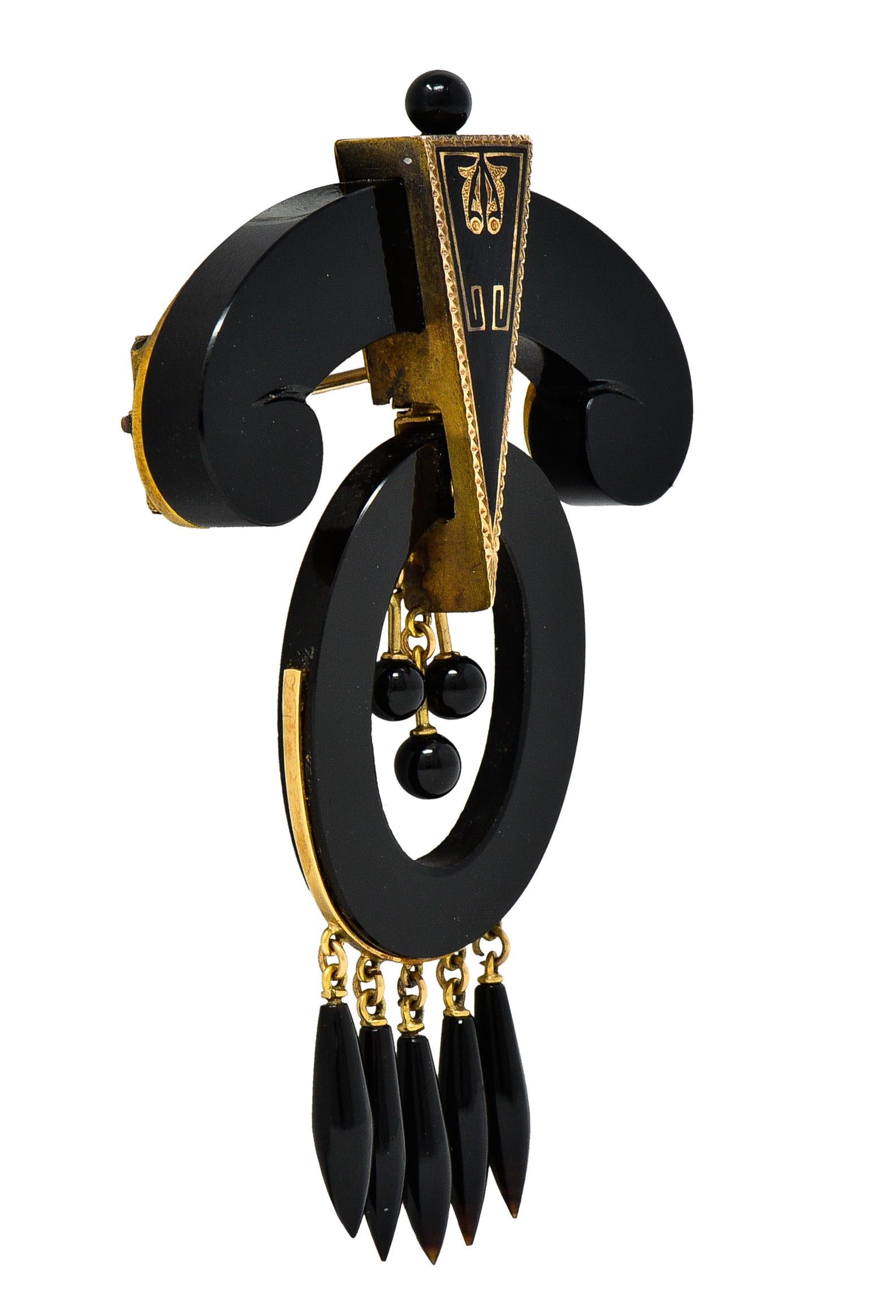 Victorian Onyx Enamel 14 Karat Gold Fringe Mourning Drop Earring & Brooch Set In Excellent Condition In Philadelphia, PA