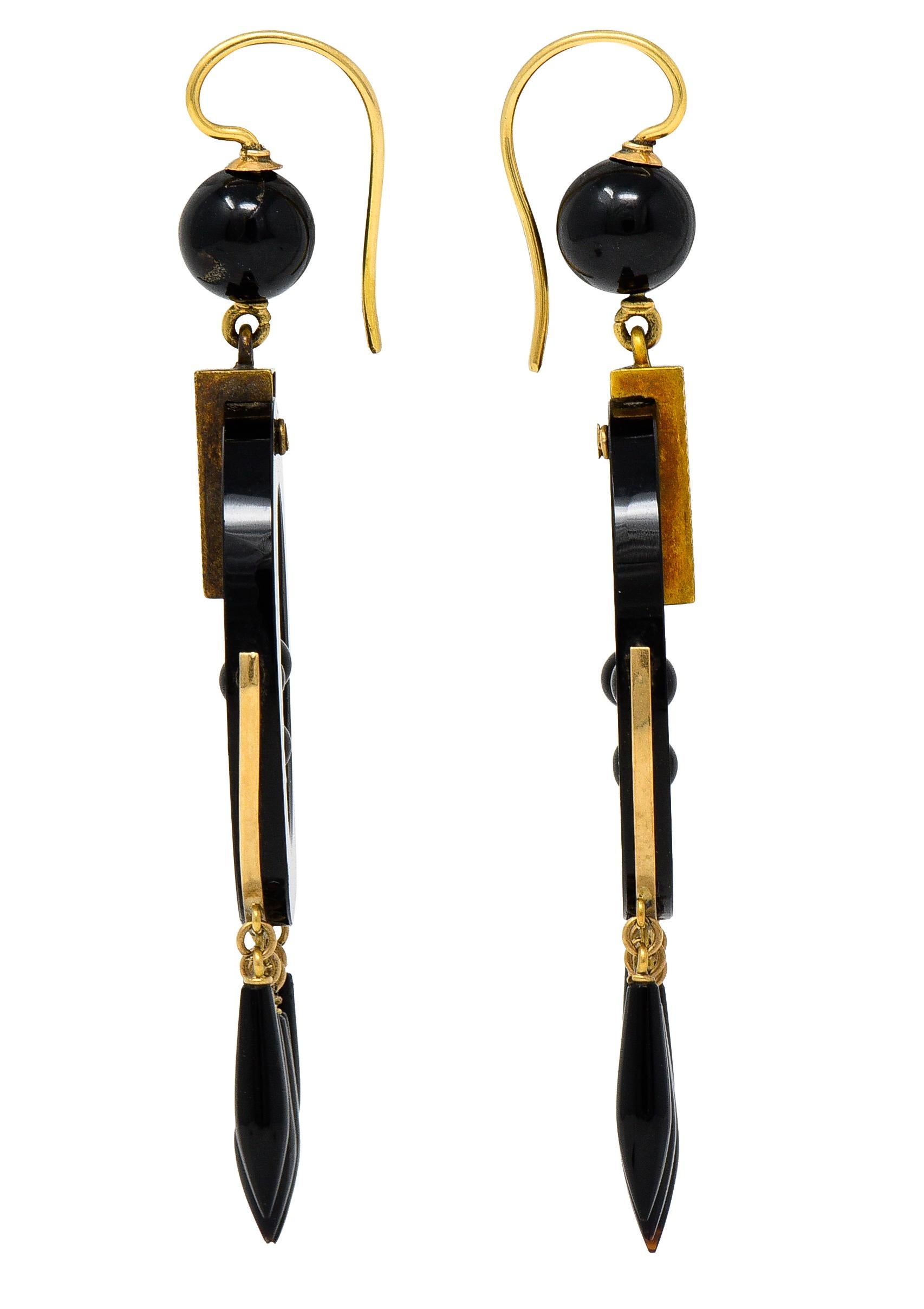 Women's or Men's Victorian Onyx Enamel 14 Karat Gold Fringe Mourning Drop Earring & Brooch Set