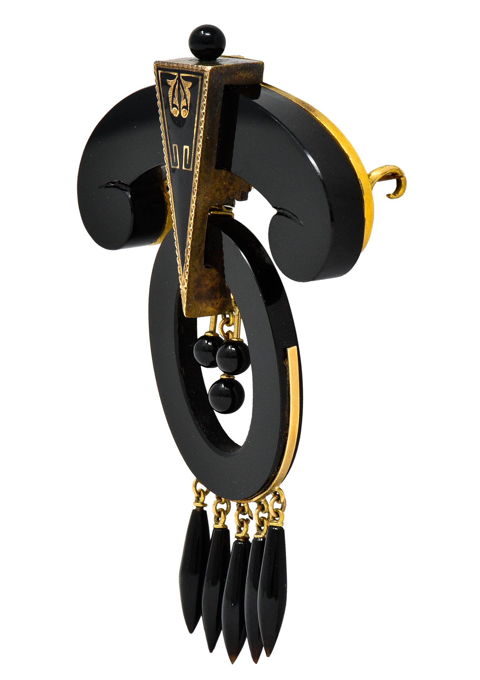 Victorian Onyx Enamel 14 Karat Gold Fringe Mourning Drop Earring & Brooch Set 3