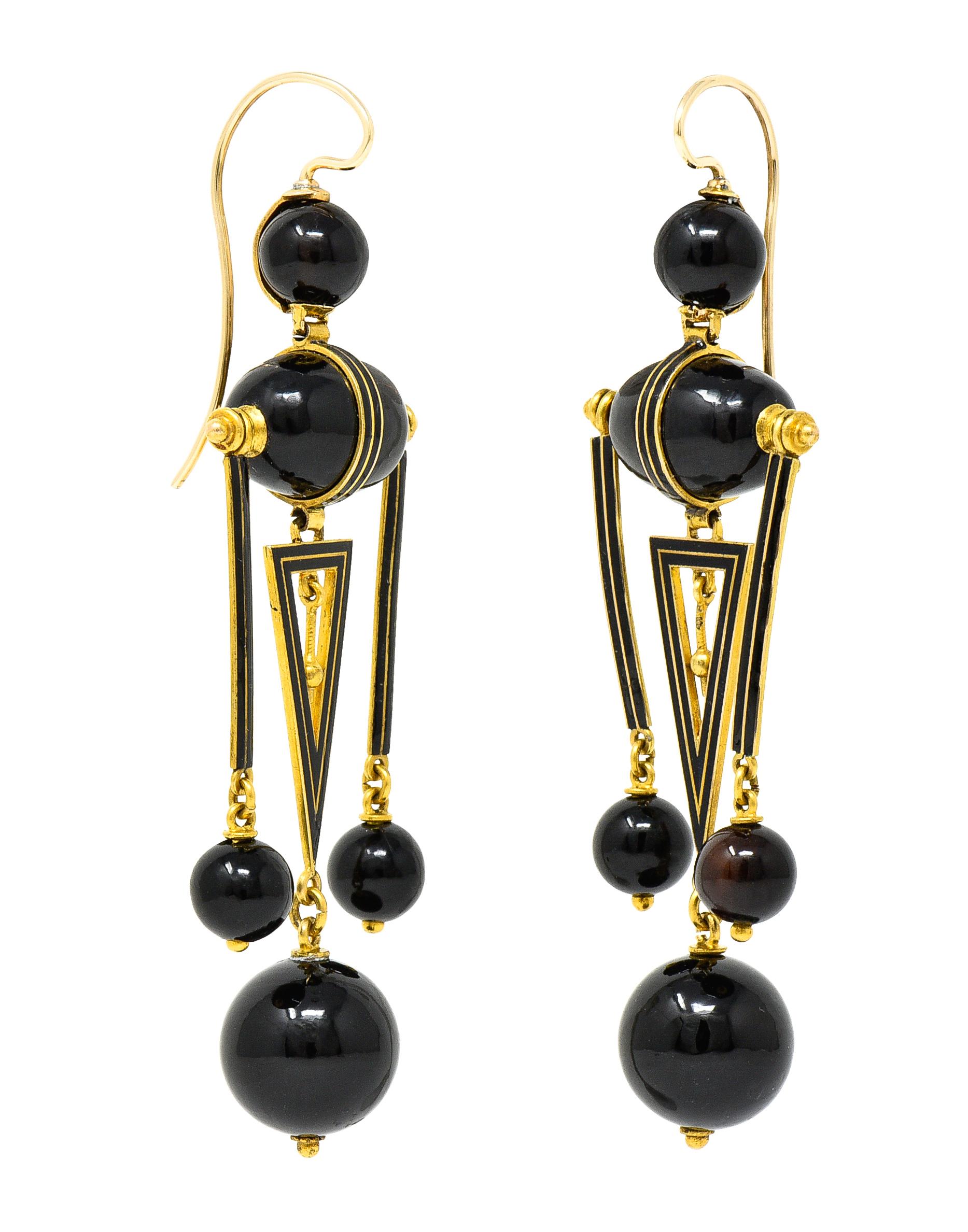 Victorian Onyx Enamel 14 Karat Yellow Gold Bead Antique Drop Earrings 1