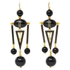 Victorian Onyx Enamel 14 Karat Yellow Gold Bead Antique Drop Earrings