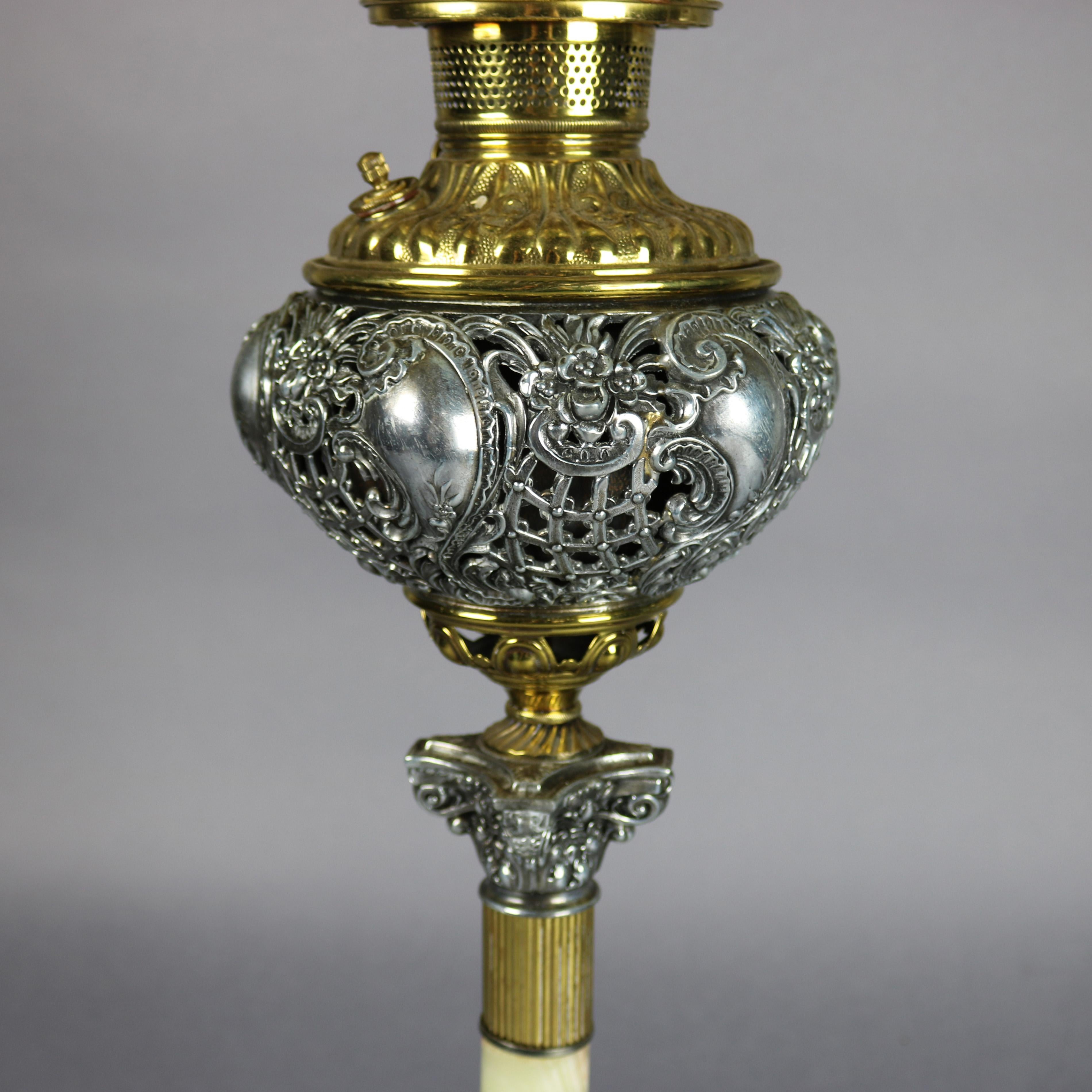 American Victorian Onyx & Gilt Metal Parlor Lamp with Hand Painted Peony Shade circa 1890