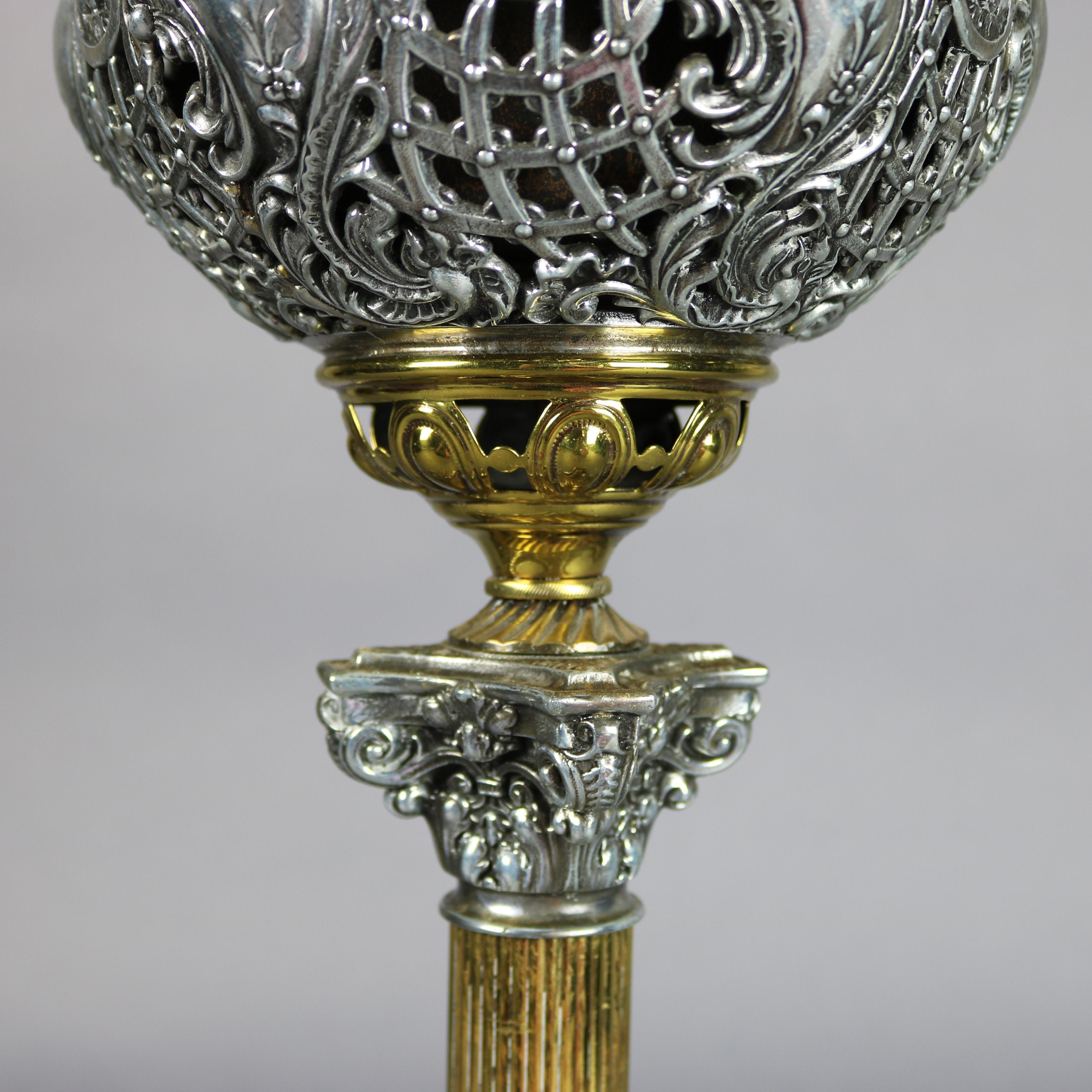 Cast Victorian Onyx & Gilt Metal Parlor Lamp with Hand Painted Peony Shade circa 1890