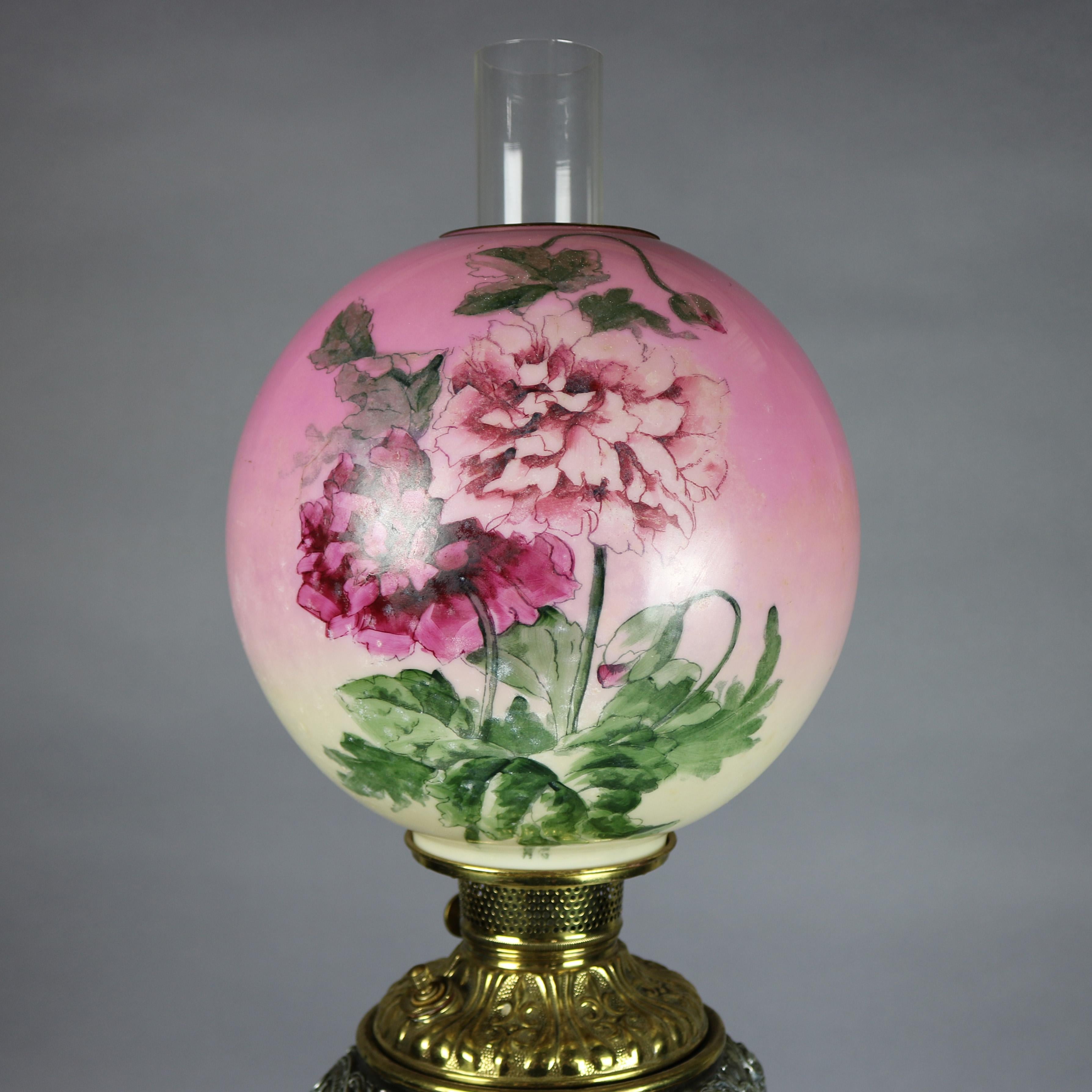 19th Century Victorian Onyx & Gilt Metal Parlor Lamp with Hand Painted Peony Shade circa 1890