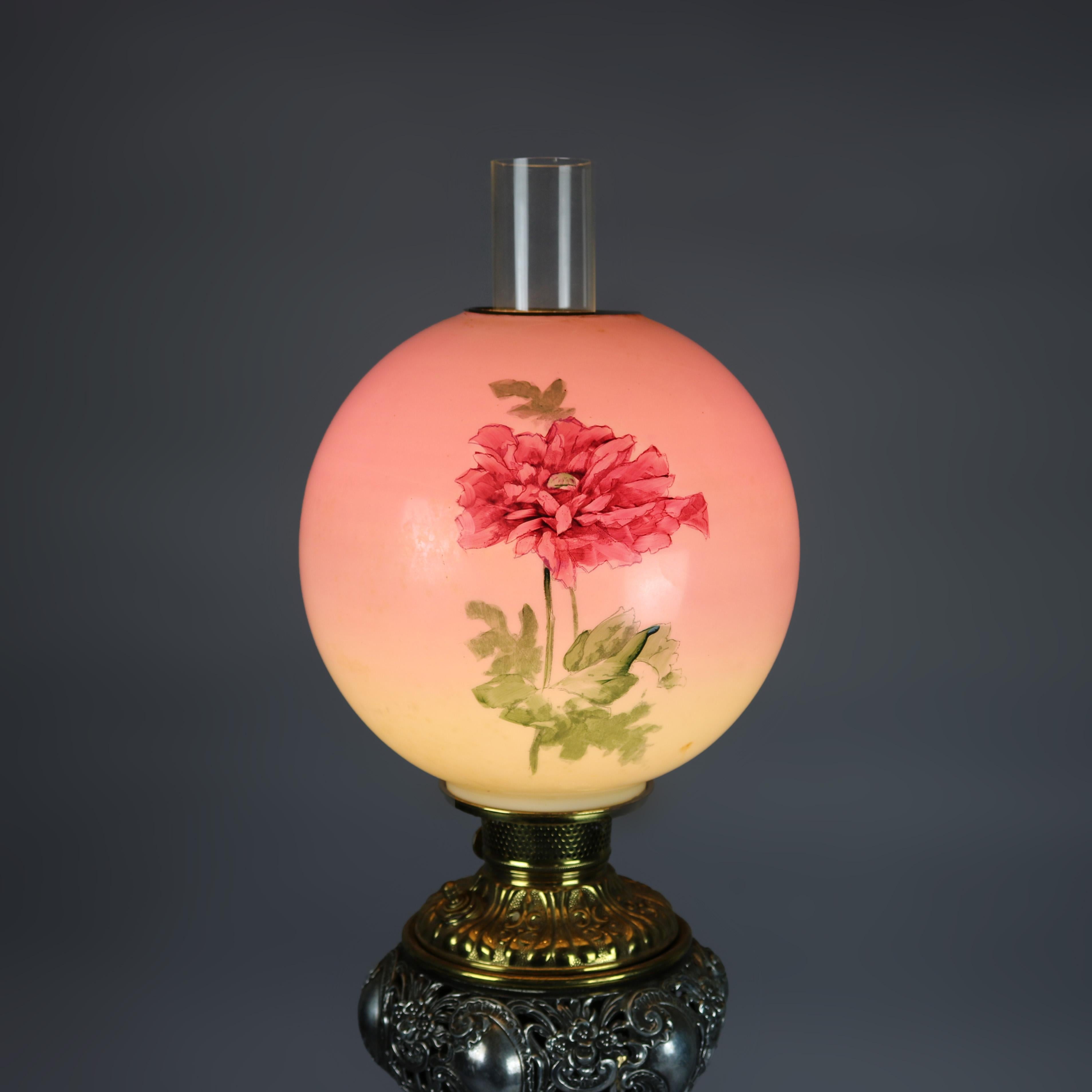 Victorian Onyx & Gilt Metal Parlor Lamp with Hand Painted Peony Shade circa 1890 1