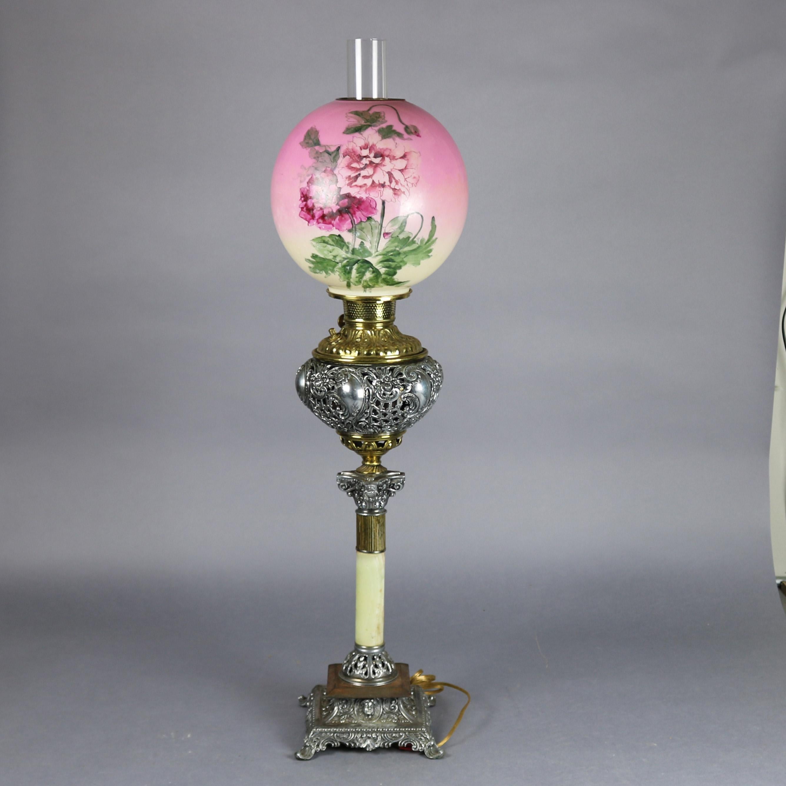 Victorian Onyx & Gilt Metal Parlor Lamp with Hand Painted Peony Shade circa 1890 2