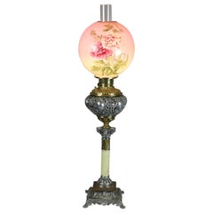 Victorian Onyx & Gilt Metal Parlor Lamp with Hand Painted Peony Shade circa 1890