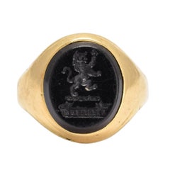 Victorian Onyx Lion Intaglio Gold Signet Ring "Bravely"