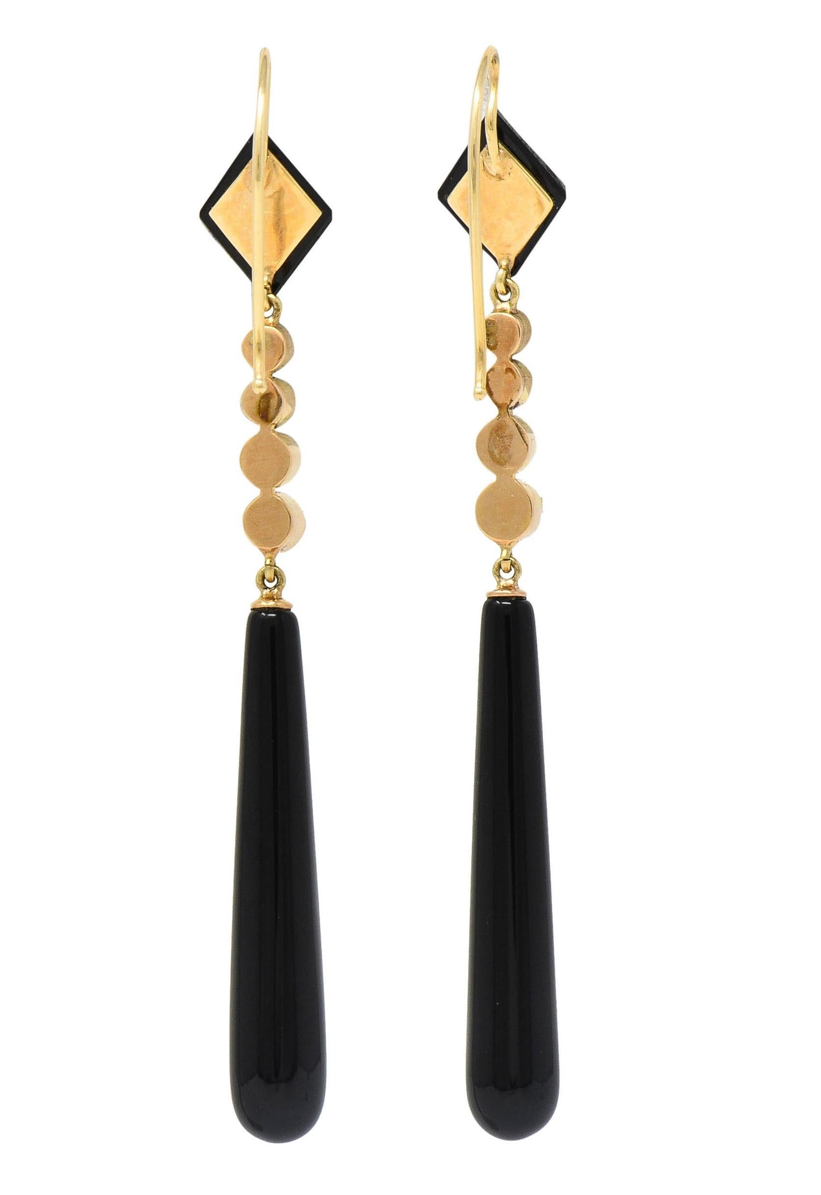 Victorian Onyx Moonstone 18 Karat Yellow Gold Antique Drop Earrings In Excellent Condition For Sale In Philadelphia, PA