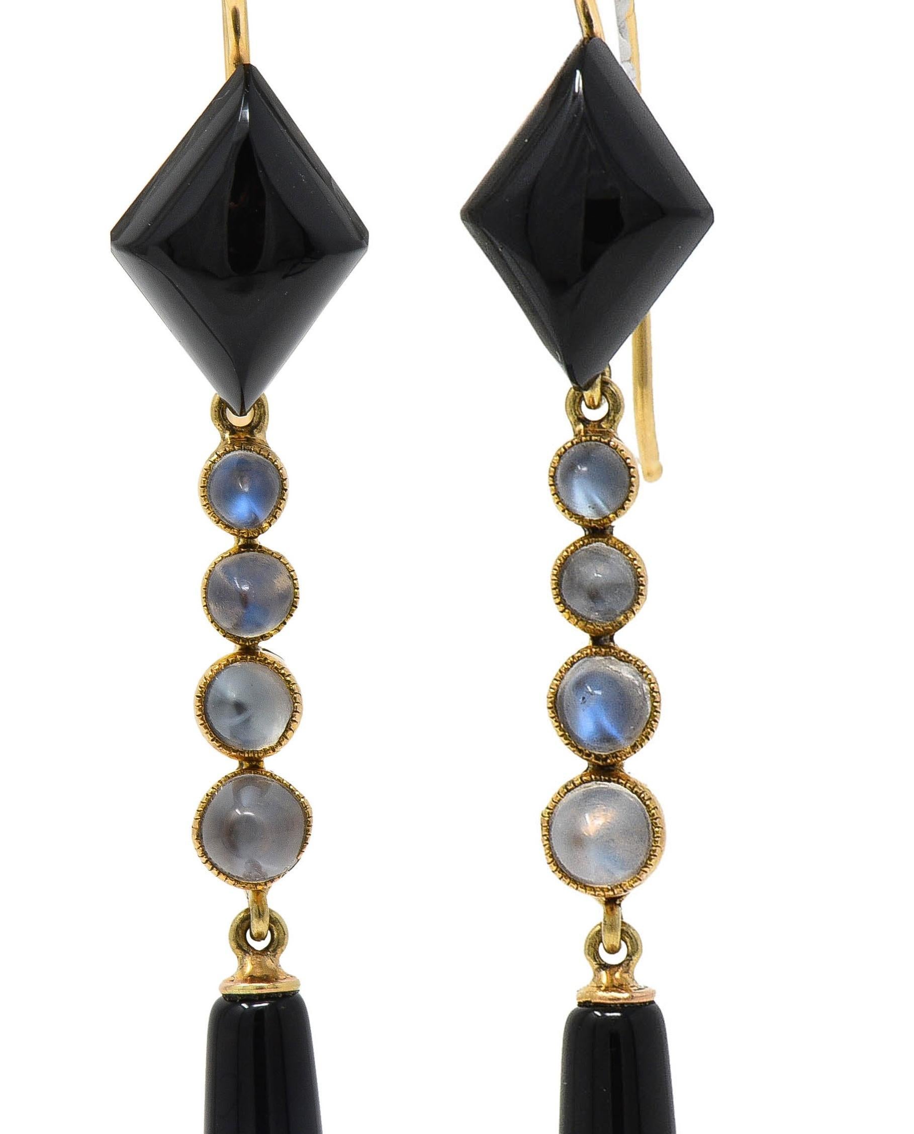 Victorian Onyx Moonstone 18 Karat Yellow Gold Antique Drop Earrings For Sale 1