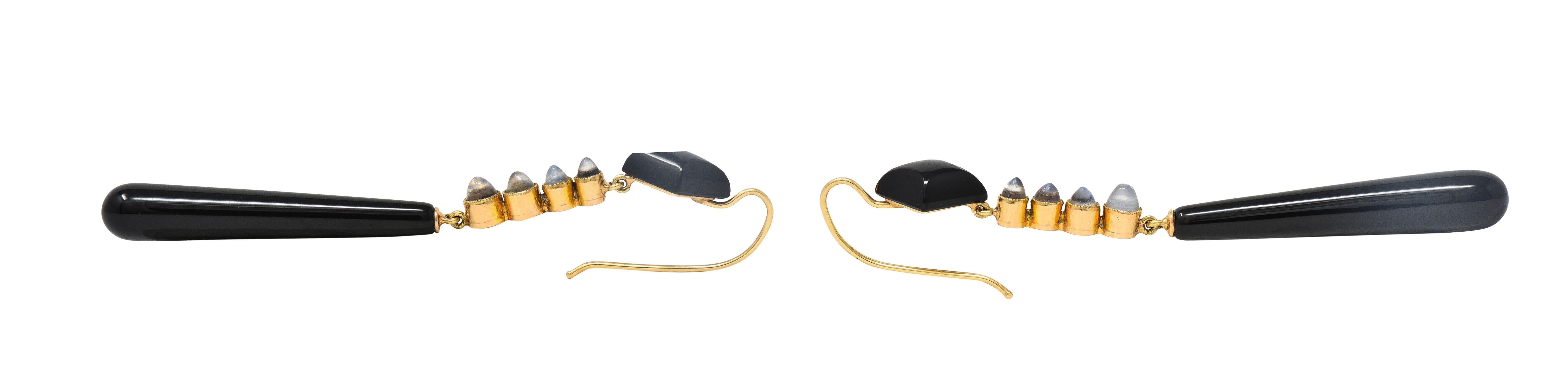 Victorian Onyx Moonstone 18 Karat Yellow Gold Antique Drop Earrings For Sale 2