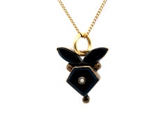 Collier pendentif victorien ancien en or jaune 14 carats et perles d'onyx, années 1850