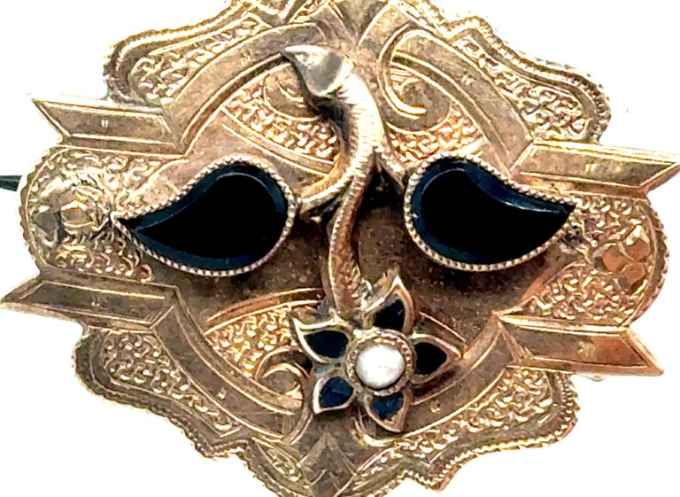 Broche Pendentif Ancienne En Or Jaune 14 Carats Avec Onyx - Bijou Vintage Occasion - Longueur 1.2 Pouce, Pierre Naturelle