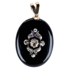 Antique Victorian Onyx & Rose Cut Diamond Pendant in 14K Gold