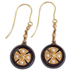 Boucles d'oreilles victoriennes en or, onyx, perles naturelles et perles