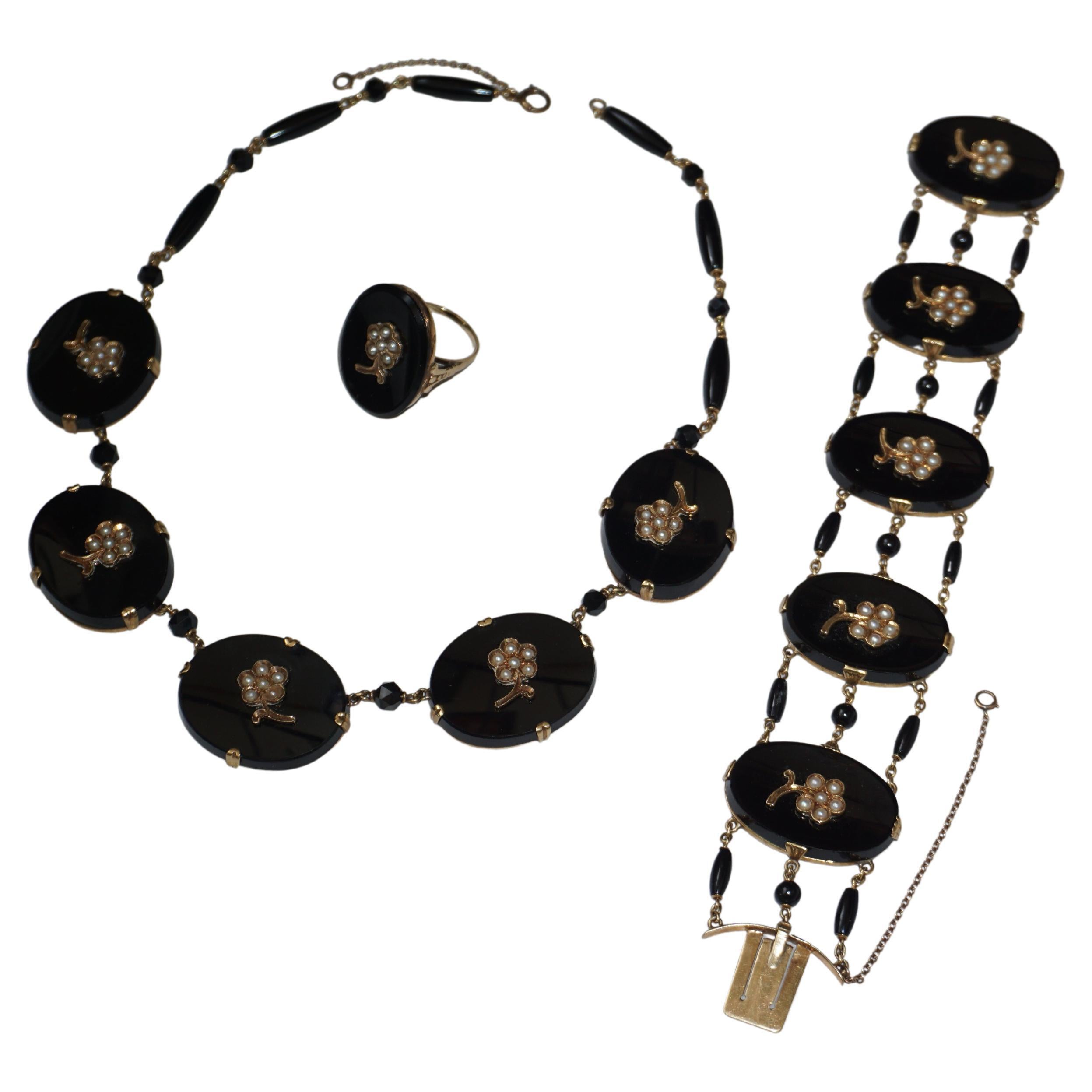 Victorian Onyx & Seed Pearl Mourning Jewelry 3-Piece Suite For Sale