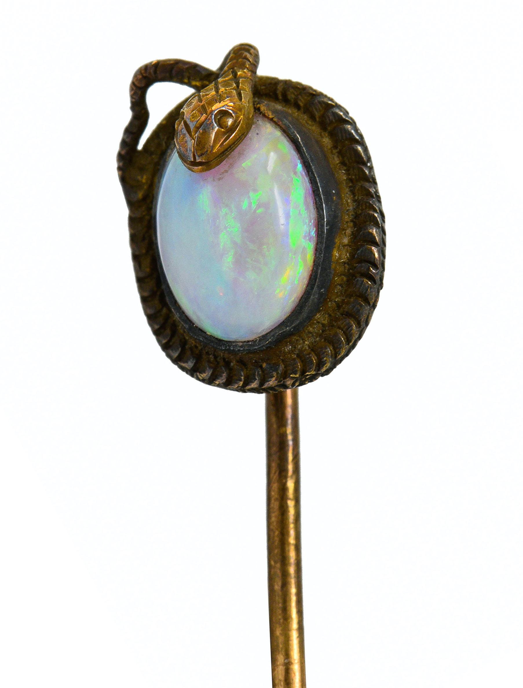 Viktorianische Anstecknadel mit Schlangenmotiv aus 14 Karat Gold mit Opal, um 1900 5