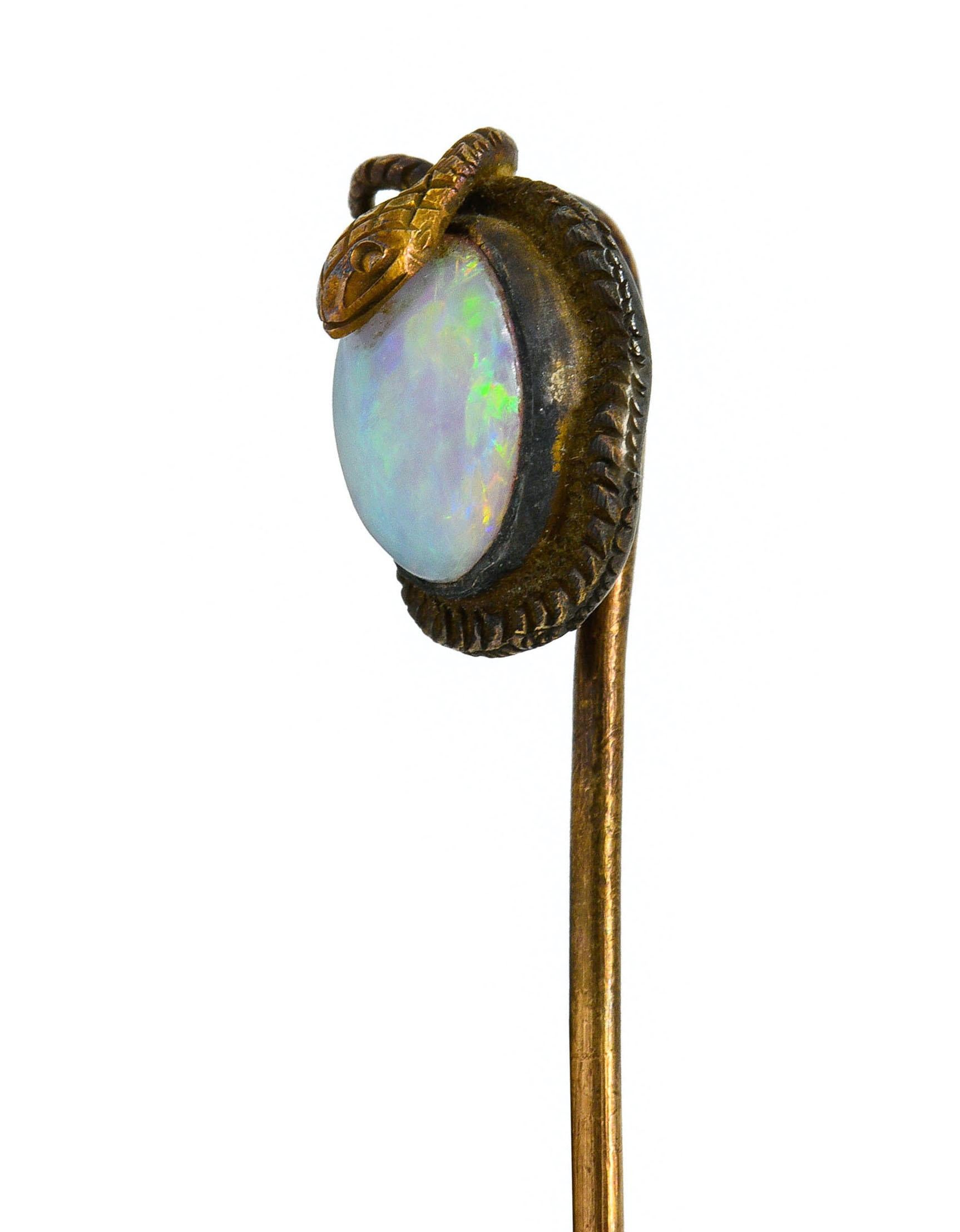 Viktorianische Anstecknadel mit Schlangenmotiv aus 14 Karat Gold mit Opal, um 1900 3