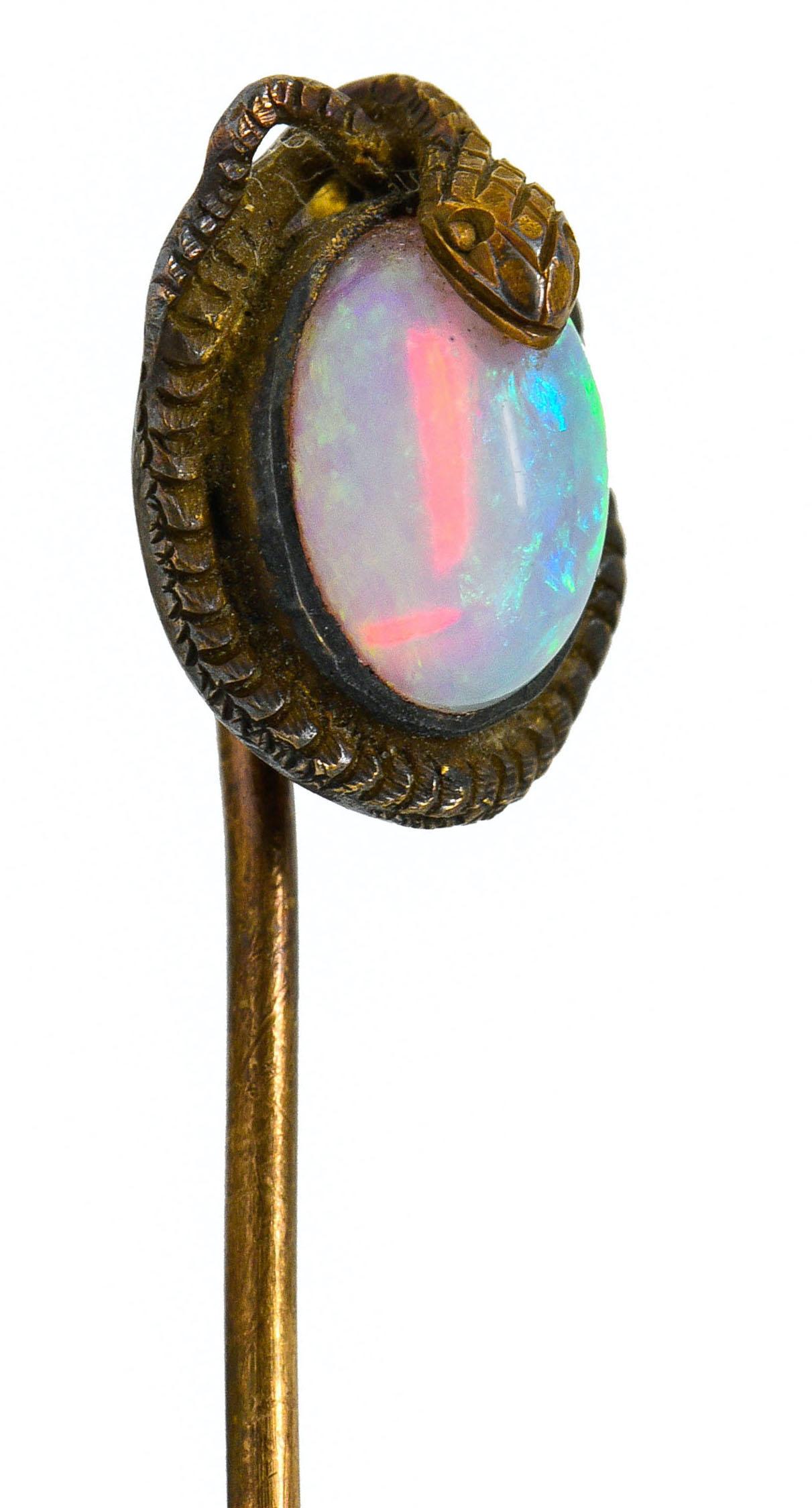 Viktorianische Anstecknadel mit Schlangenmotiv aus 14 Karat Gold mit Opal, um 1900 4