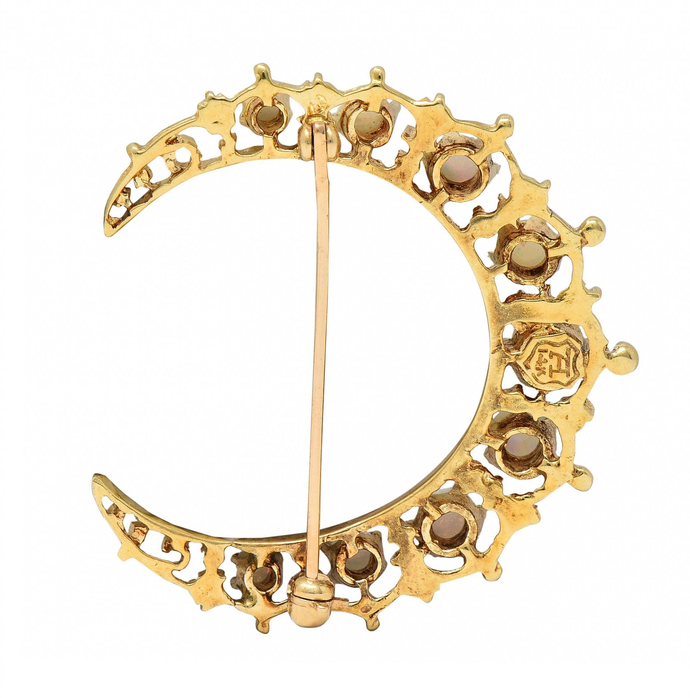 Cabochon Victorian Opal 14 Karat Yellow Gold Antique Crescent Brooch For Sale