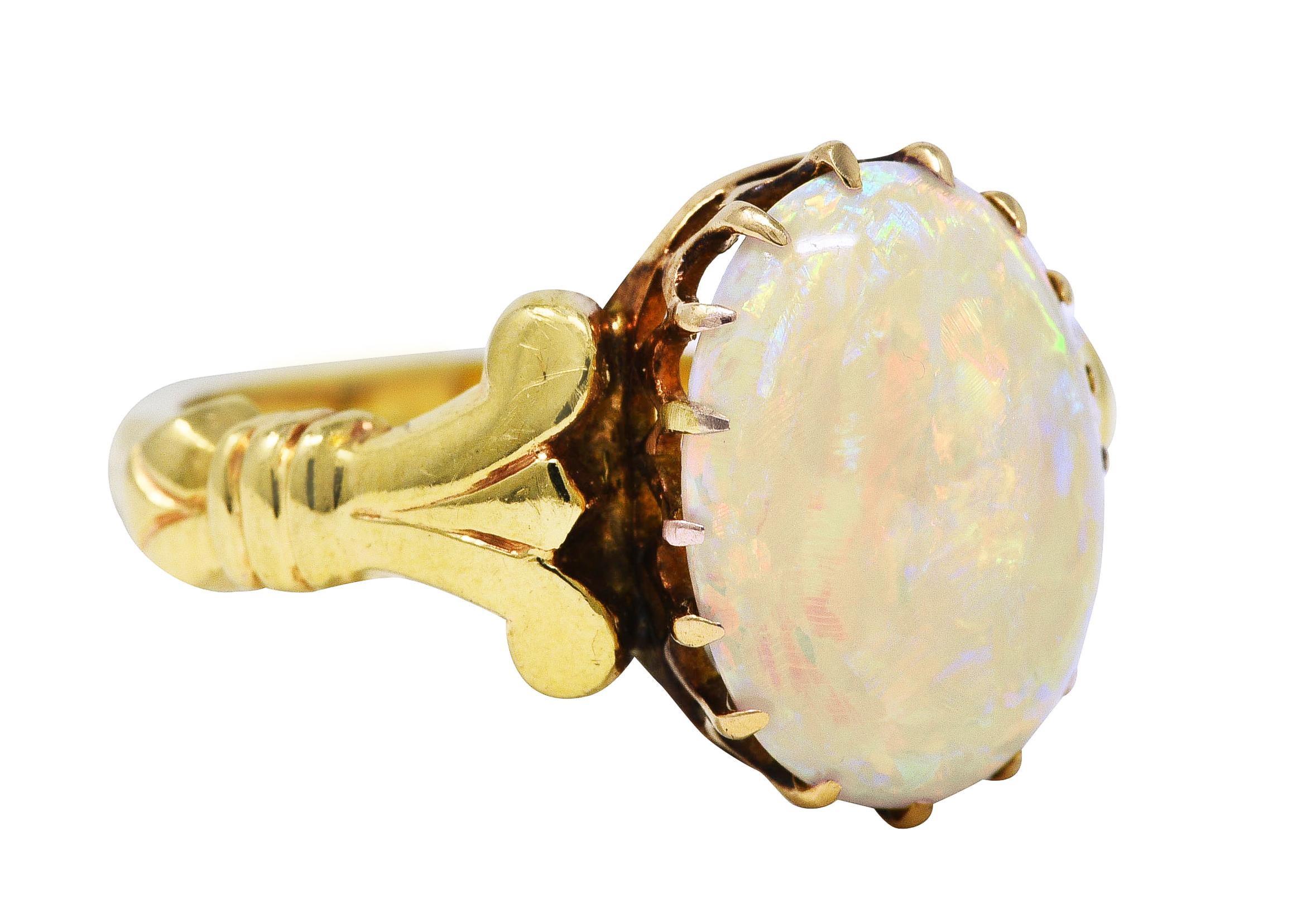 Oval Cut Victorian Opal 14 Karat Yellow Gold Lotus Gemstone Antique Ring