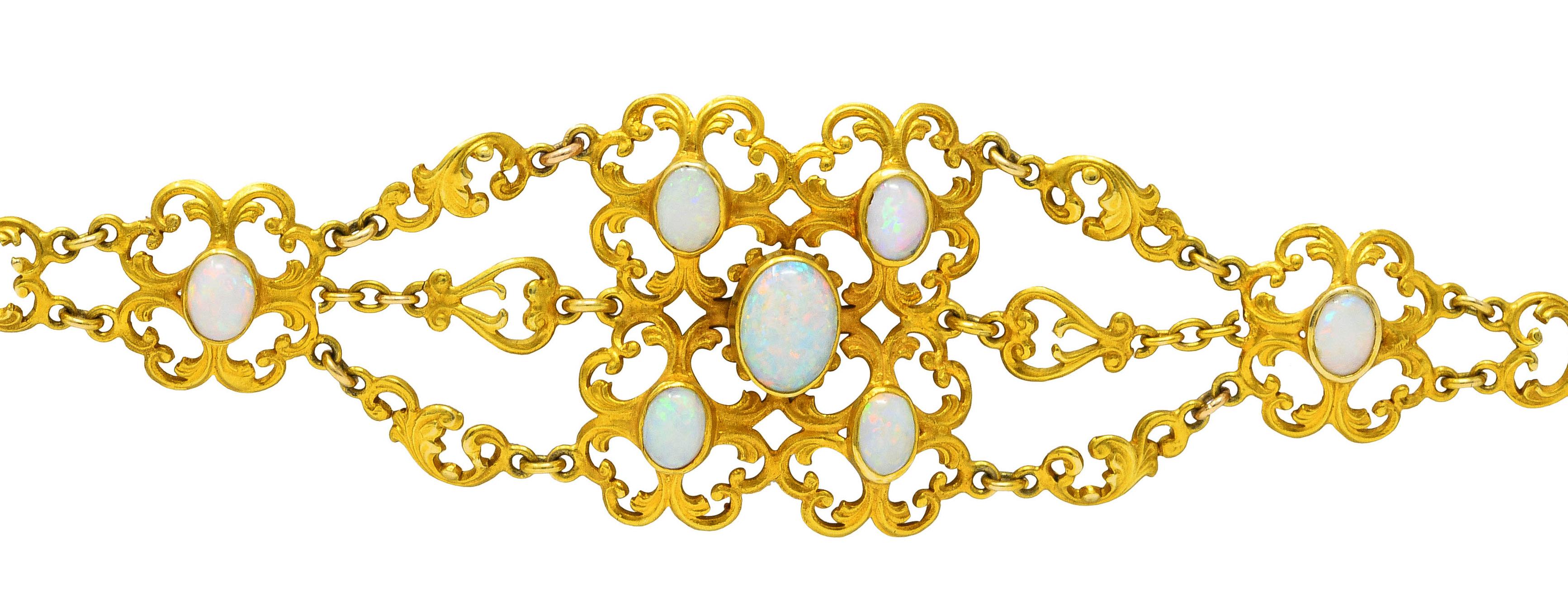 Victorian Opal 14 Karat Yellow Gold Scroll Link Bracelet 6