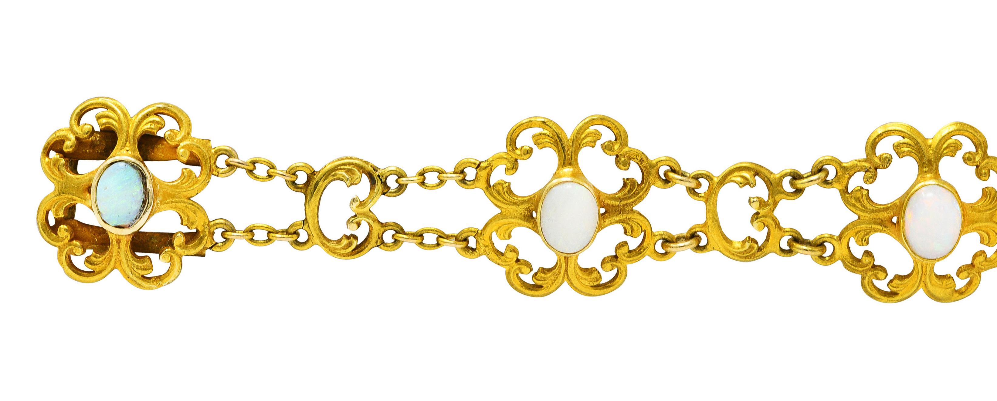 Oval Cut Victorian Opal 14 Karat Yellow Gold Scroll Link Bracelet