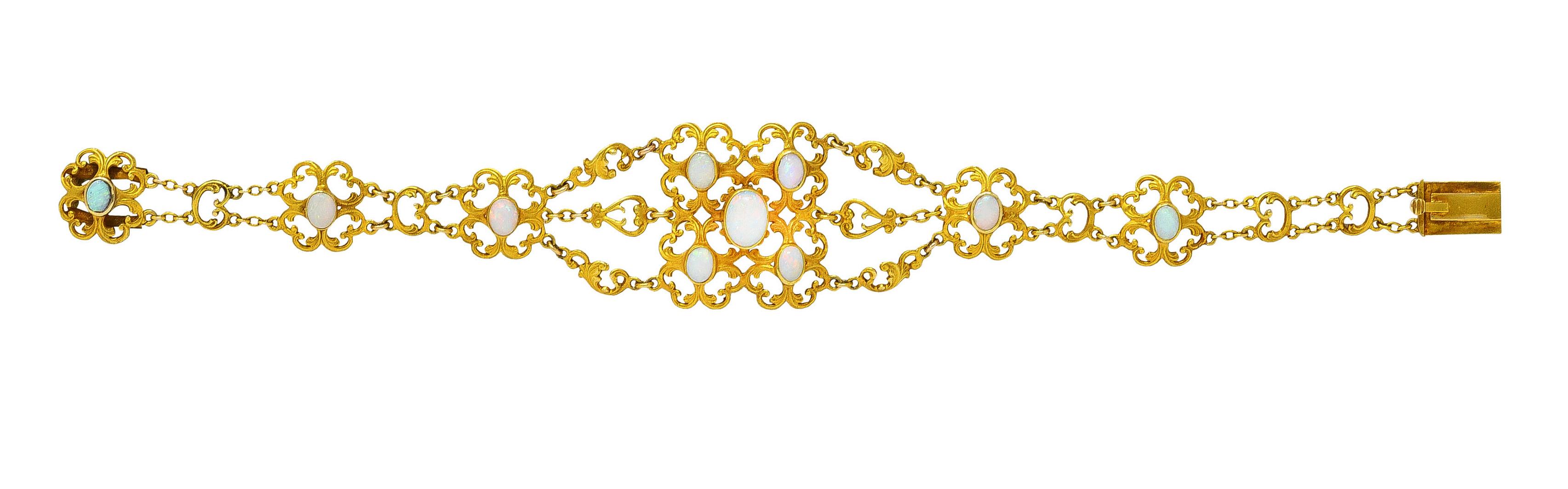 Victorian Opal 14 Karat Yellow Gold Scroll Link Bracelet In Excellent Condition In Philadelphia, PA