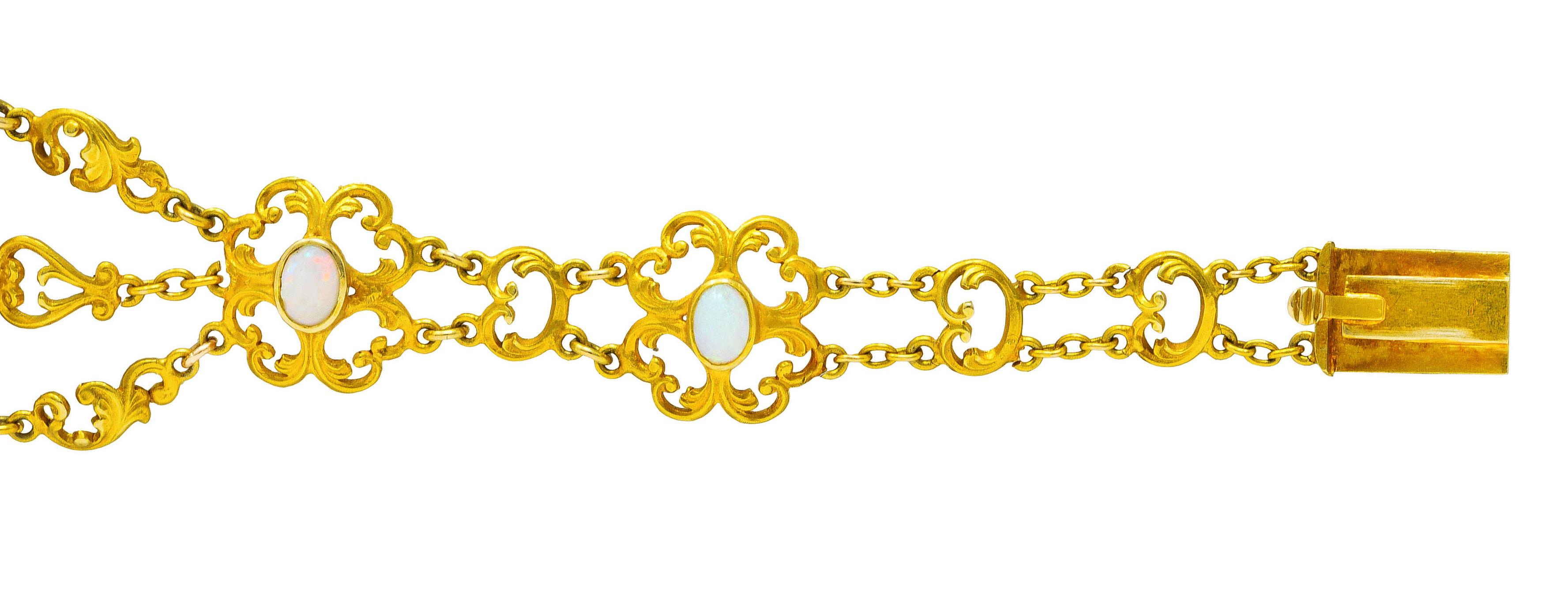Women's or Men's Victorian Opal 14 Karat Yellow Gold Scroll Link Bracelet