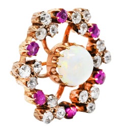 Victorian Opal 2.00 Carat Ruby Diamond 14 Karat Gold Spiral Circle Wreath Brooch
