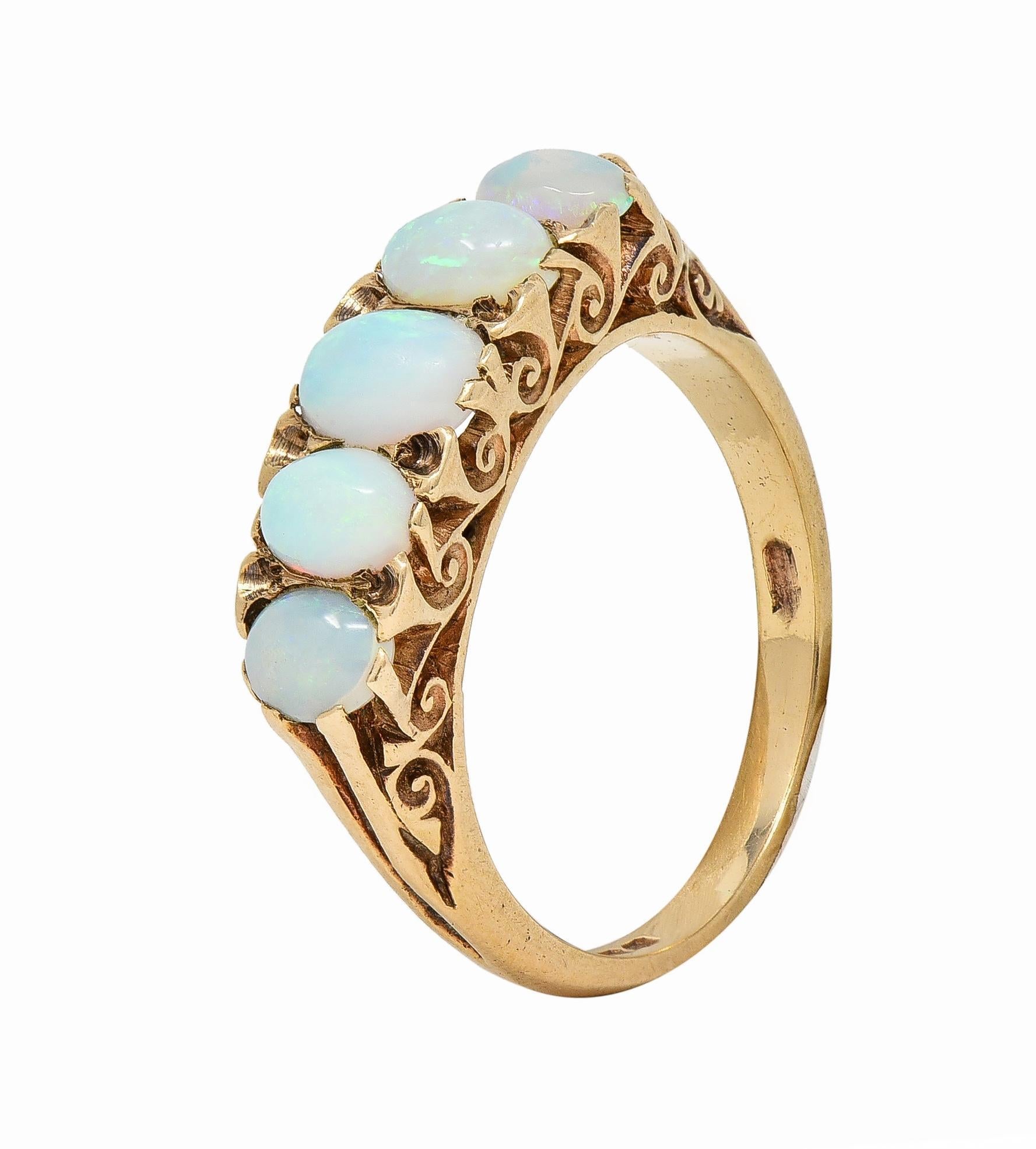 Victorian Opal 9 Karat Yellow Gold Antique Five Stone Band Ring 5