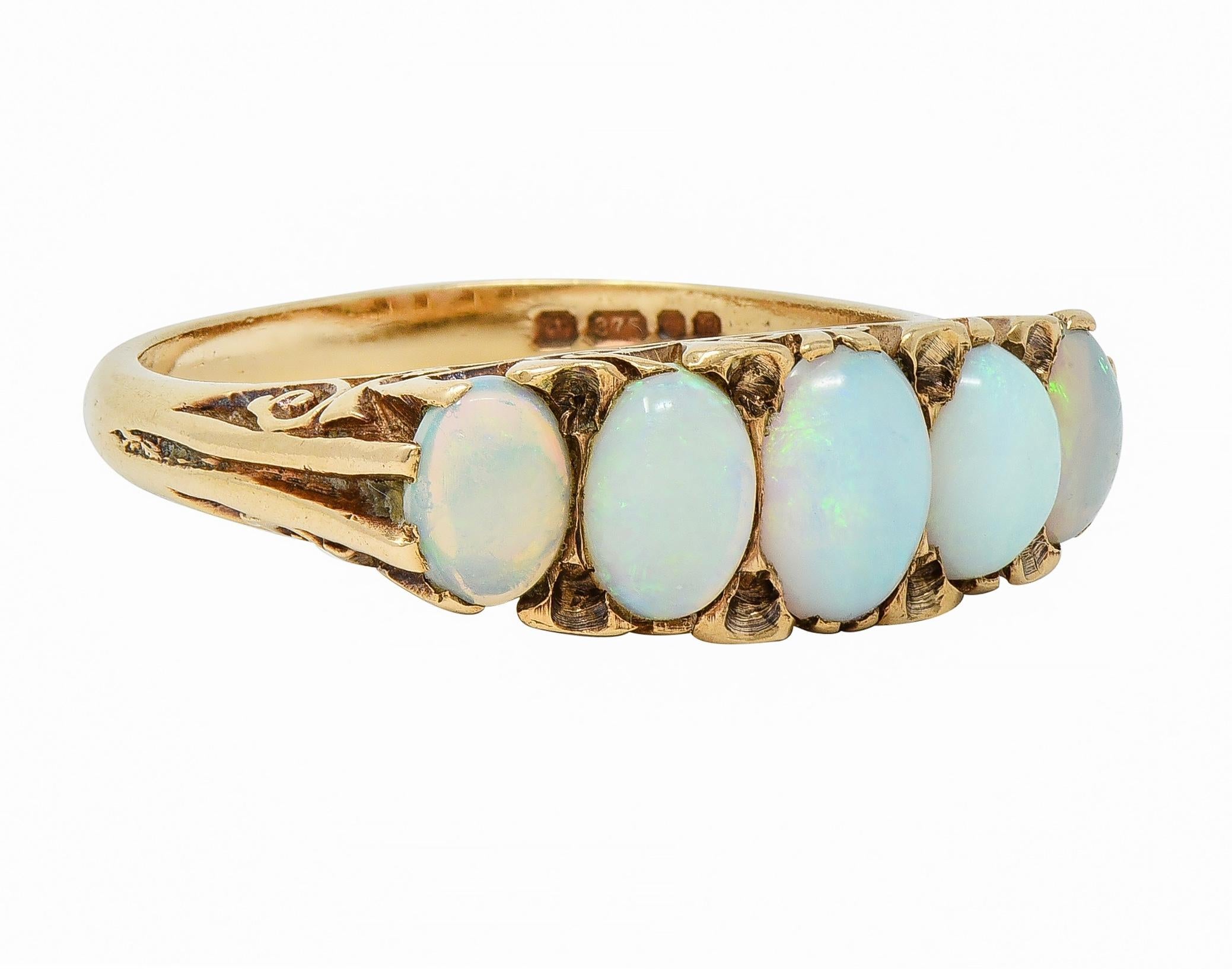 Cabochon Victorian Opal 9 Karat Yellow Gold Antique Five Stone Band Ring