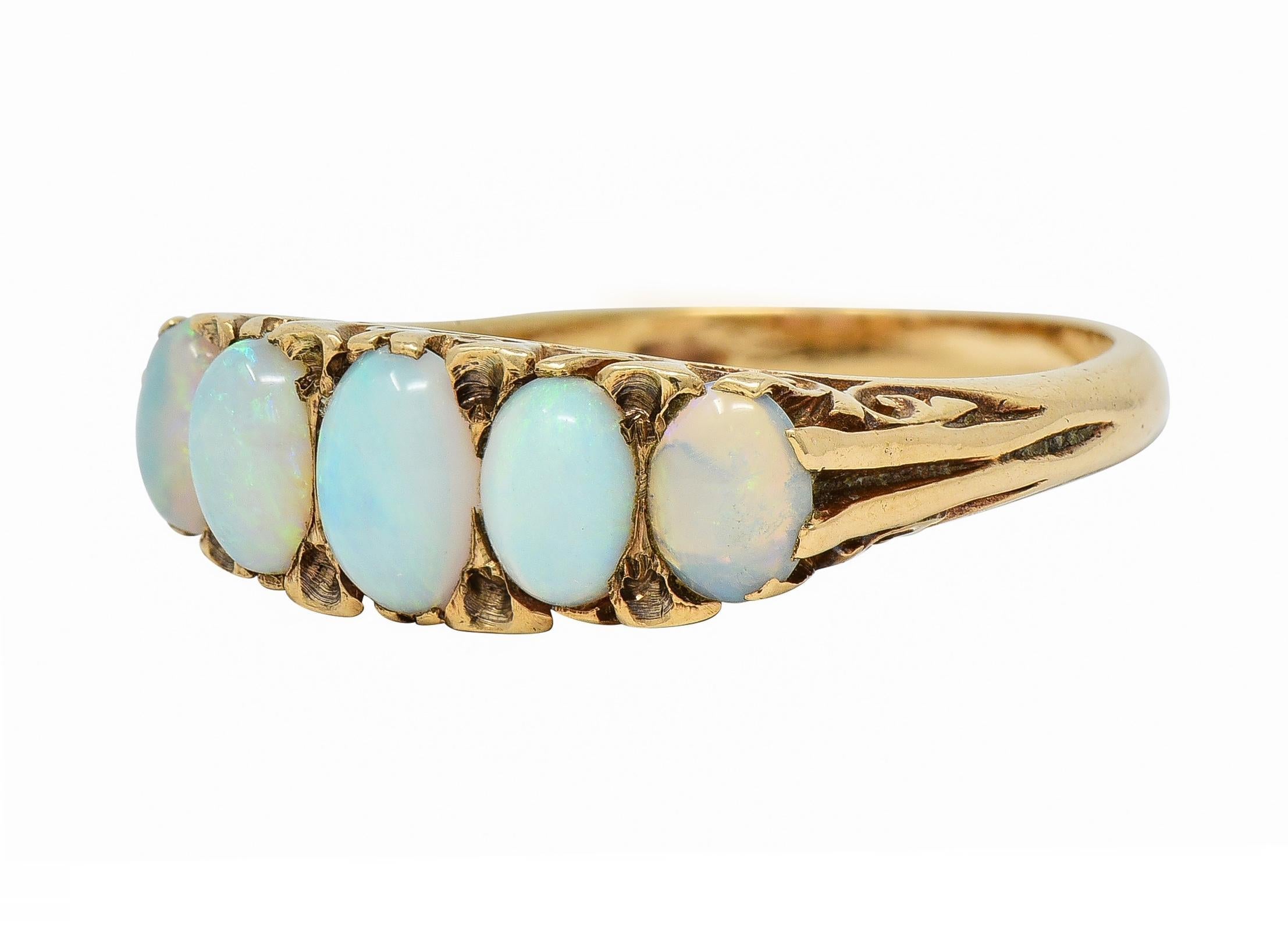 Victorian Opal 9 Karat Yellow Gold Antique Five Stone Band Ring 2