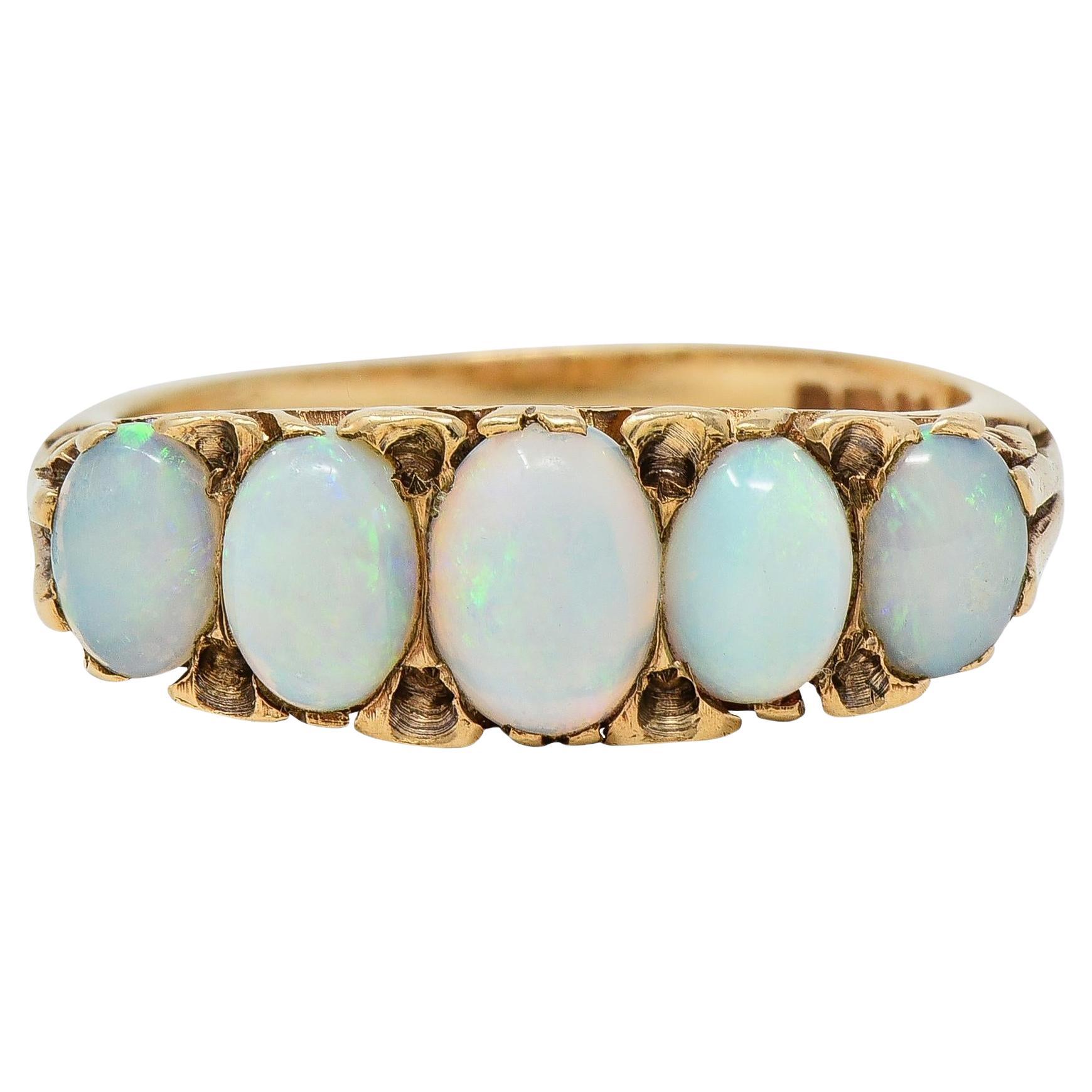Victorian Opal 9 Karat Yellow Gold Antique Five Stone Band Ring