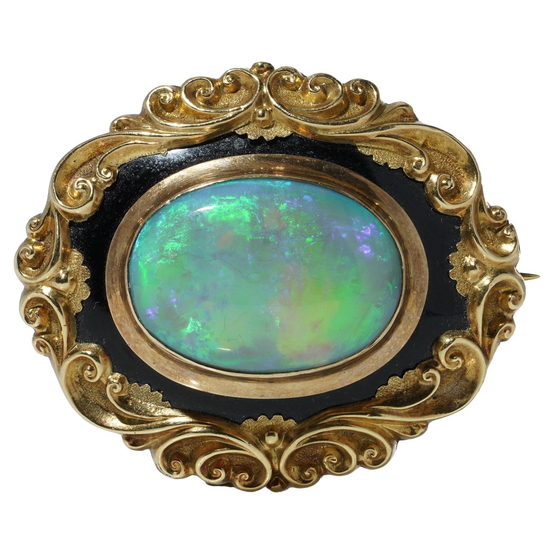 Victorian Opal and Black Enamel Brooch in 9kt Gold