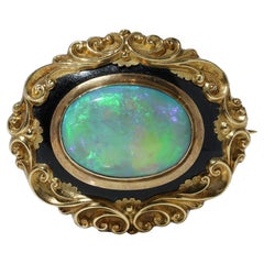 Antique Victorian Opal and Black Enamel Brooch in 9kt Gold