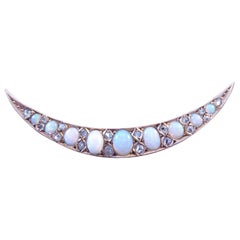 Victorian Opal and Diamond Crescent Brooch