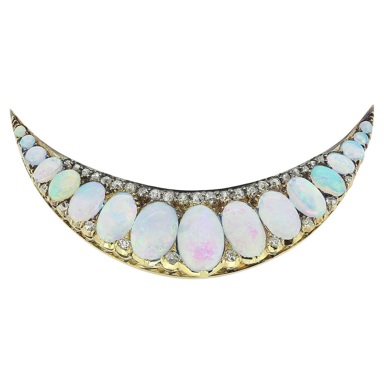 Victorian Opal and Diamond Crescent Brooch For Sale