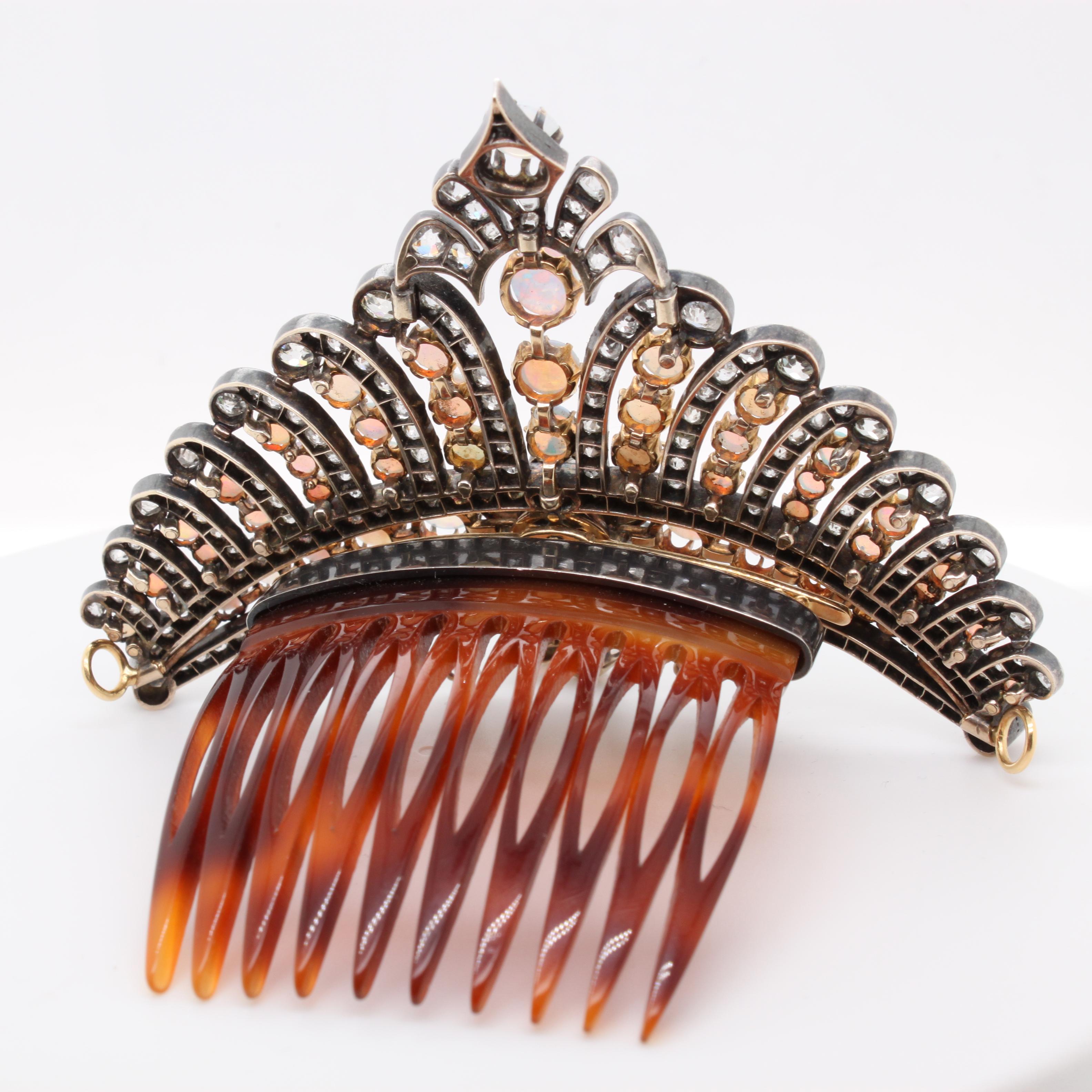 Victorian Opal and Diamond Crown Tiara Haircomb Necklace, circa 1880s For Sale 2