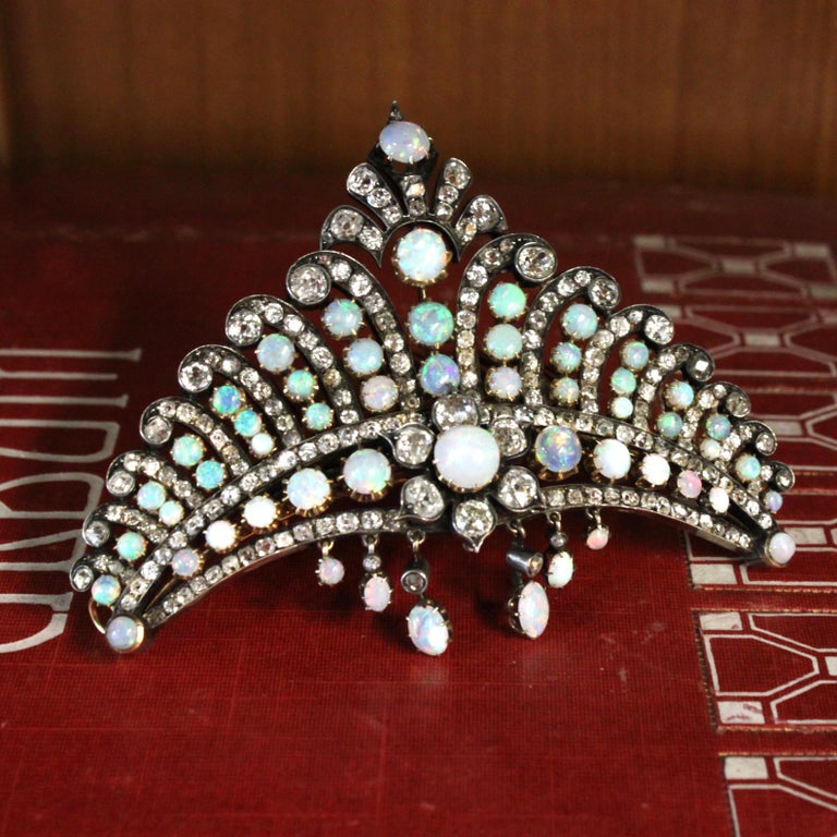 Victorian Opal and Diamond Crown Tiara Haircomb Necklace, circa 1880s For Sale 8