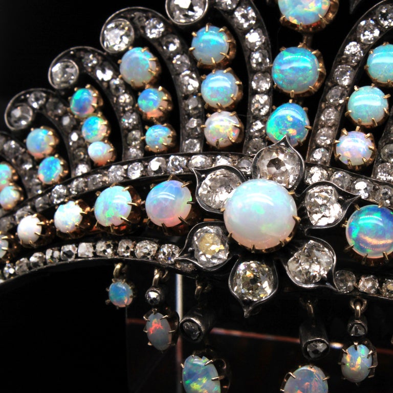 Women's Victorian Opal and Diamond Crown Tiara Haircomb Necklace, circa 1880s For Sale