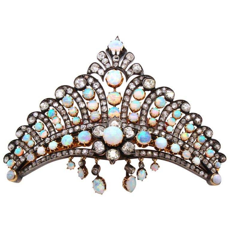 Victorian Opal and Diamond Crown Tiara Haircomb Necklace, circa 1880s For Sale