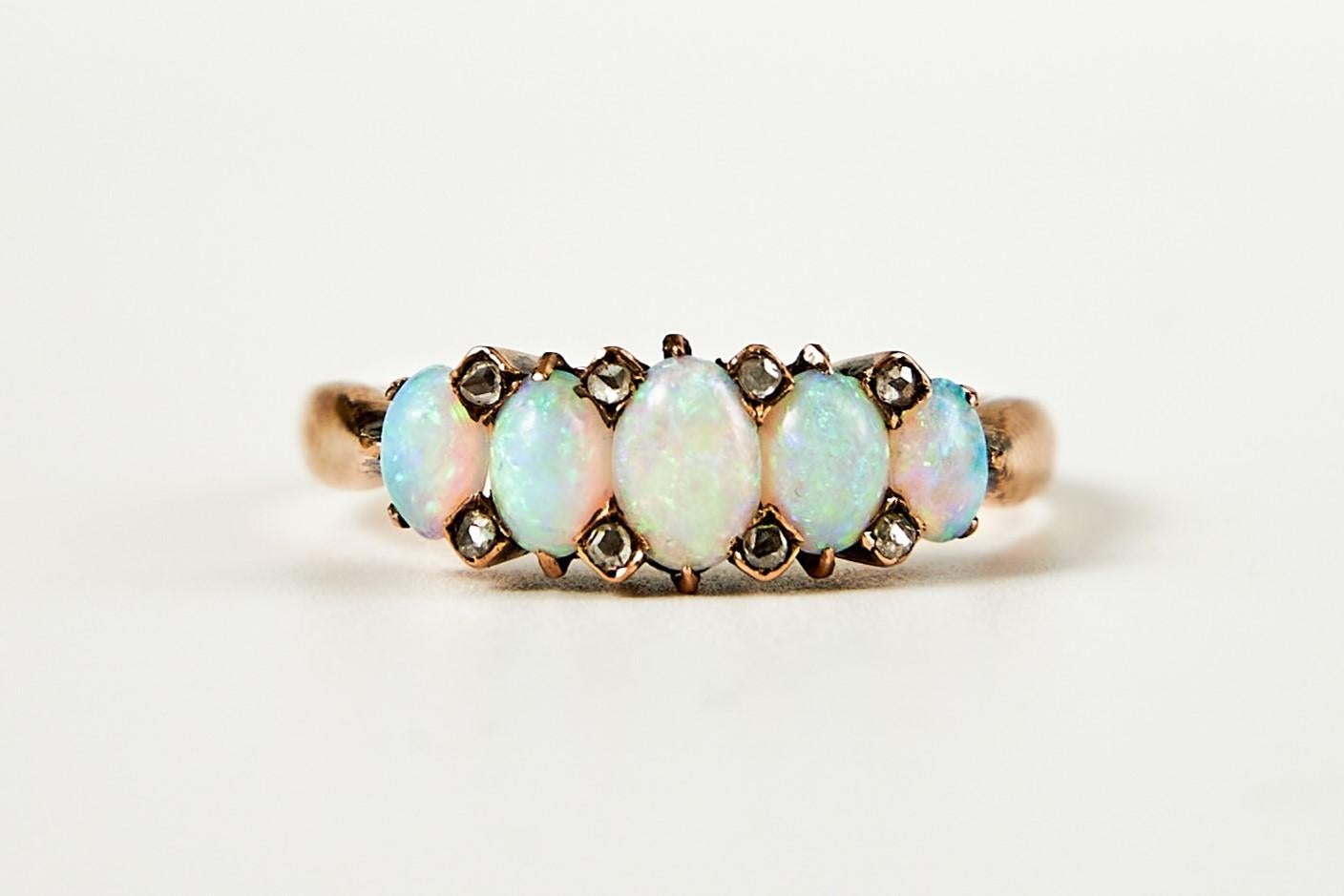 Victorian opal and diamond five stone ring. For Sale